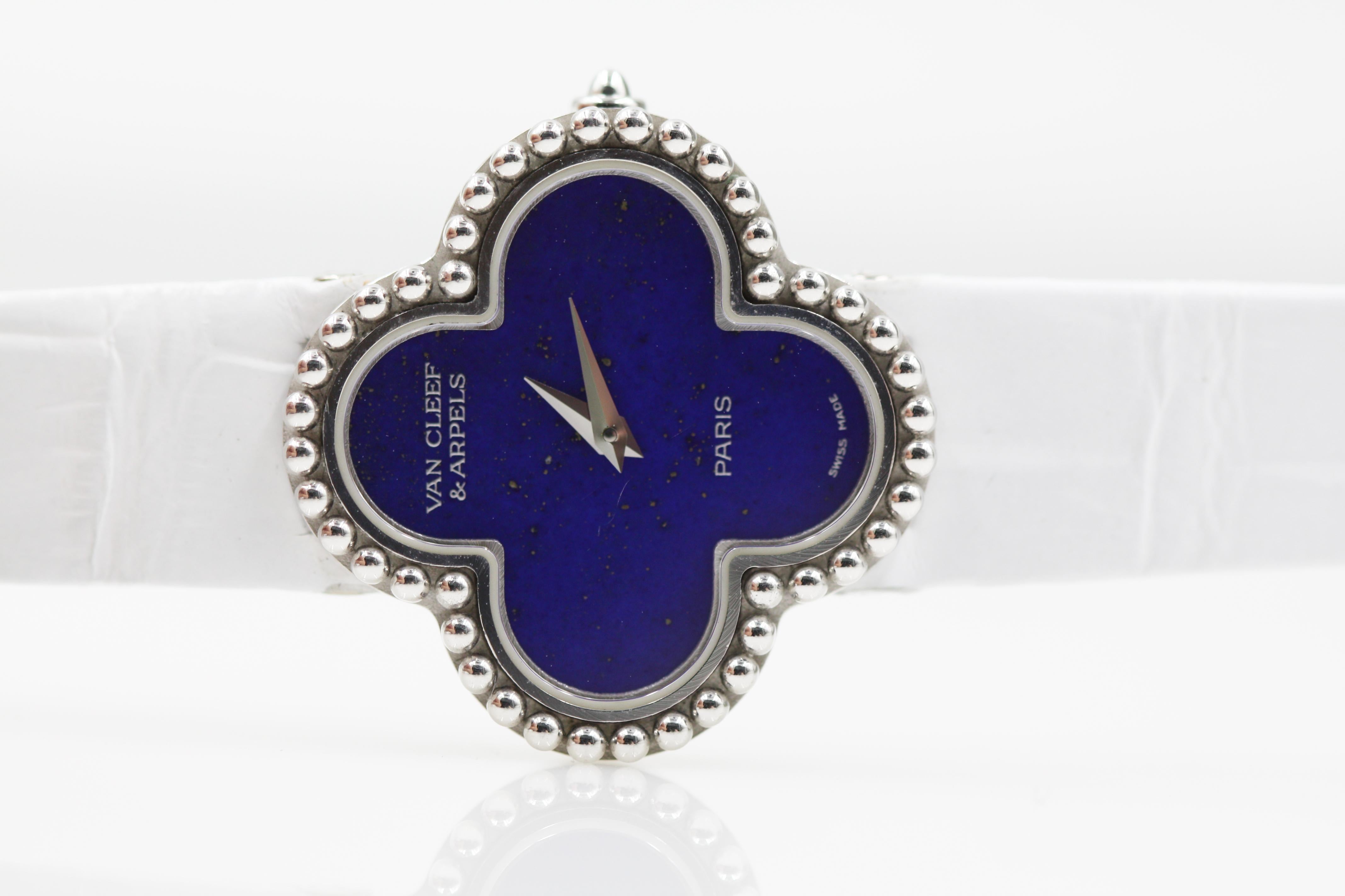 Van Cleef & Arpels Alhambra Small Model White Gold Lapis Watch In Excellent Condition For Sale In New York, NY