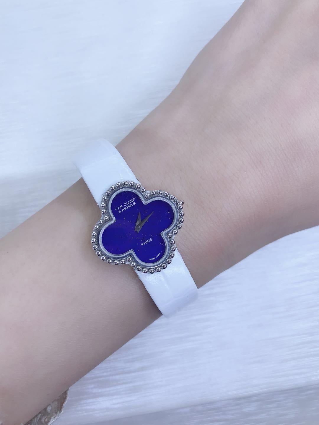 Van Cleef & Arpels Alhambra Small Model White Gold Lapis Watch For Sale 3