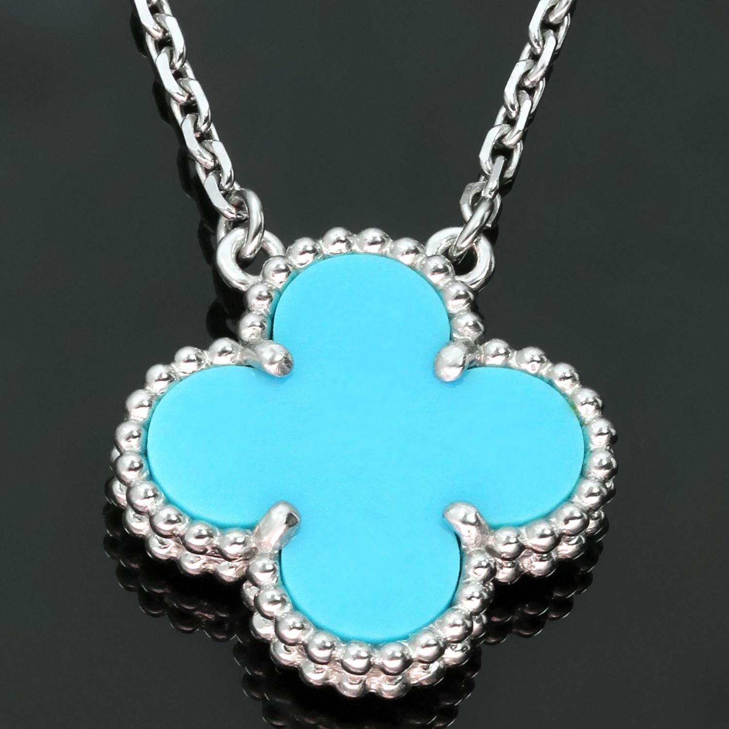 This elegant necklace from the wonderful Alhambra collection by Van Cleef & Arpels is crafted in 18k white gold and features the iconic clover pendant set with blue turquoise. A festive design inspired by the symbol of luck.  Made in France circa