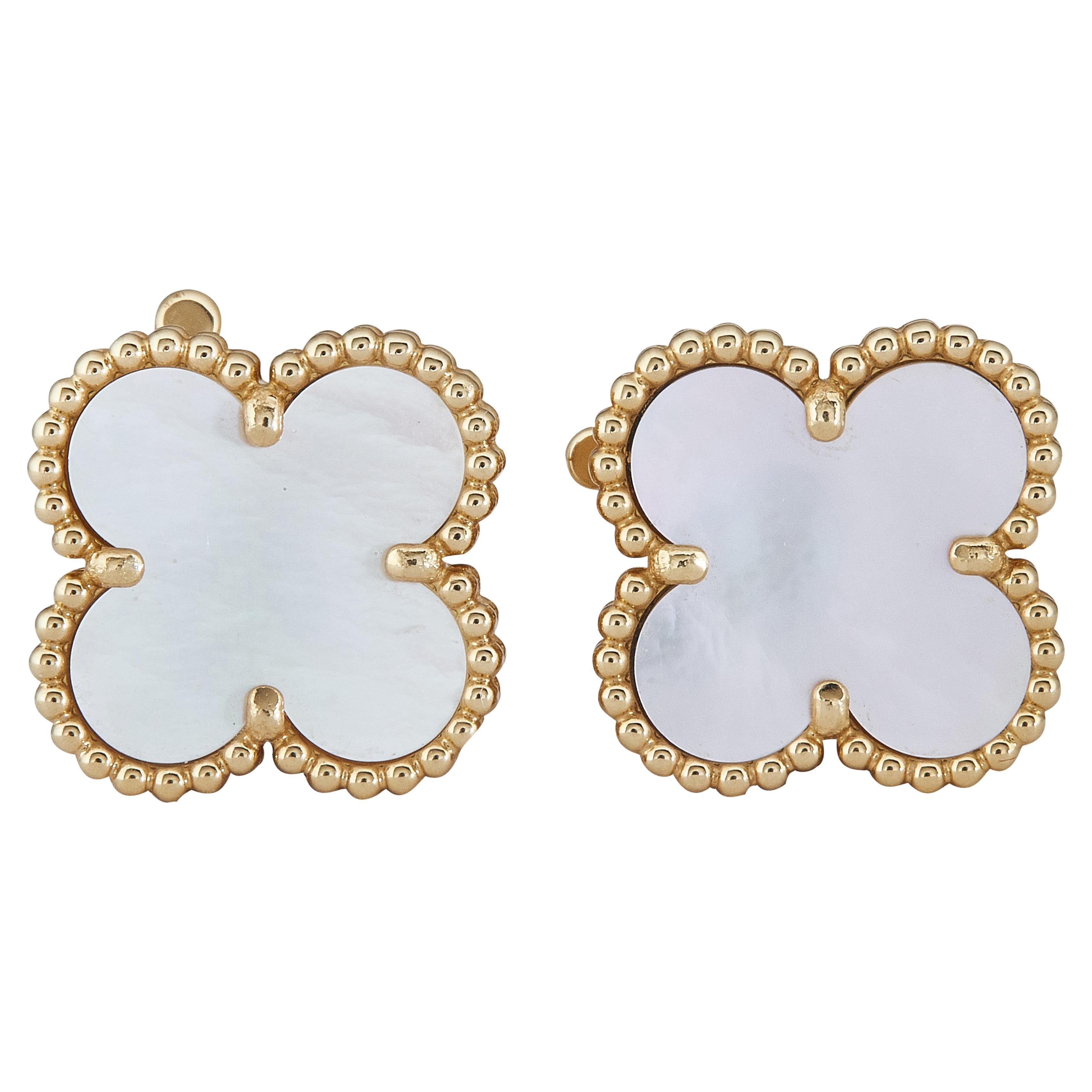 Van Cleef & Arpels Alhambra Vintage Earrings 18K Yellow Gold MOP For Sale