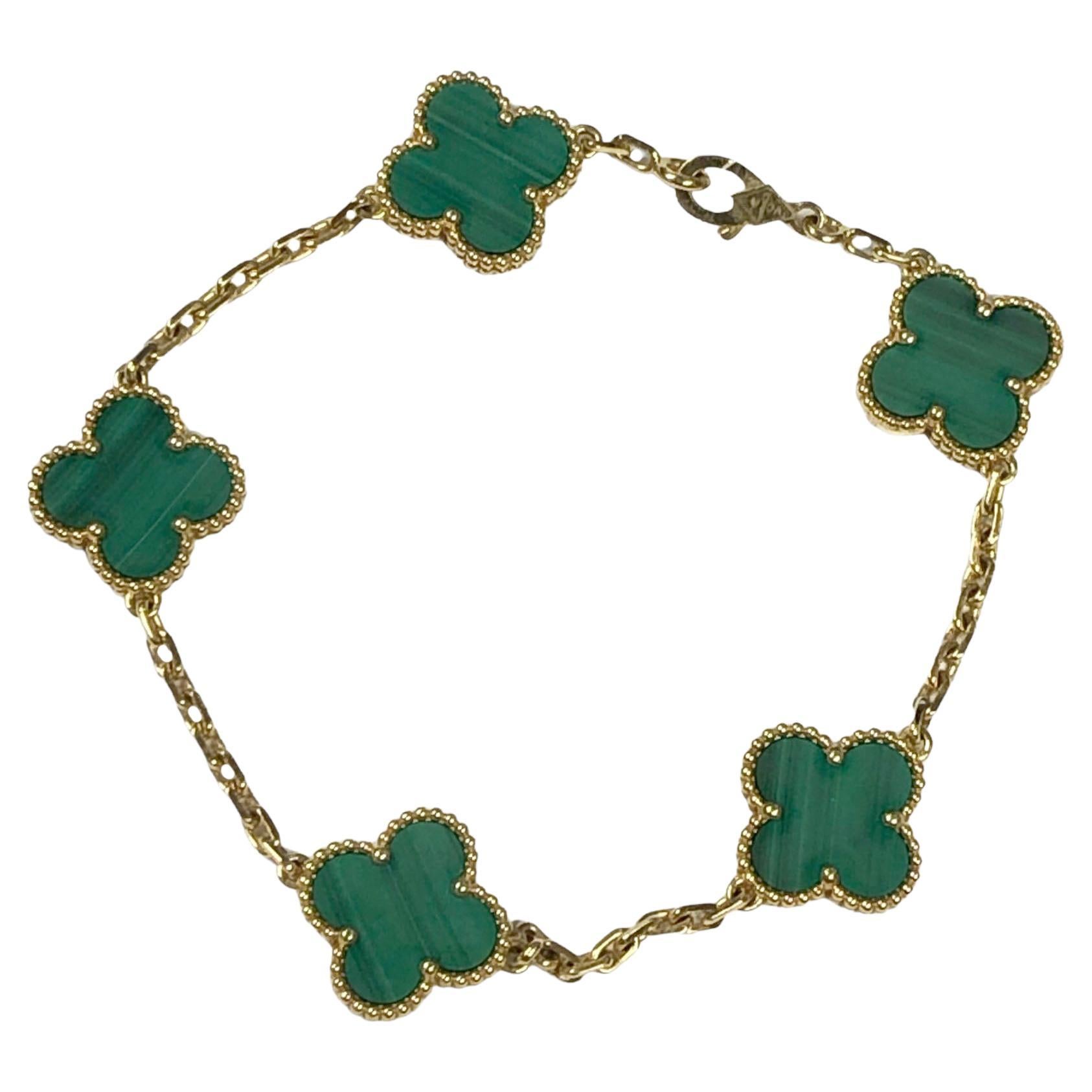 Van Cleef & Arpels Alhambra Vintage Malachite 5 Station Bracelet For Sale