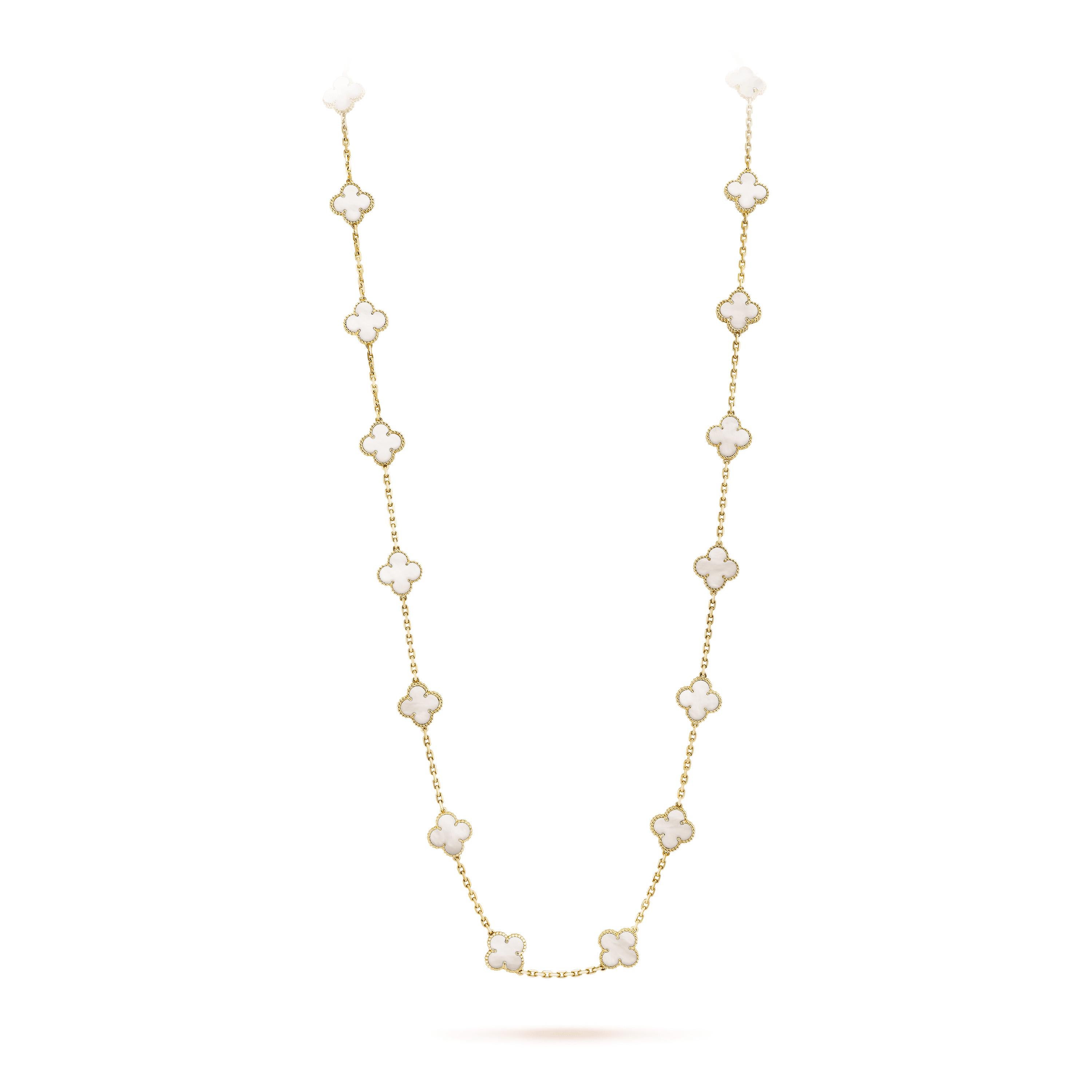 The Iconic Van Cleef & Arpels Alhambra charm is a simplified four-leaf clover motif that resonated with the house codes of nature and good luck, equally. 

Van Cleef & Arpels yellow gold and mother-of-pearl necklace
Lobster claw fastening
Twenty