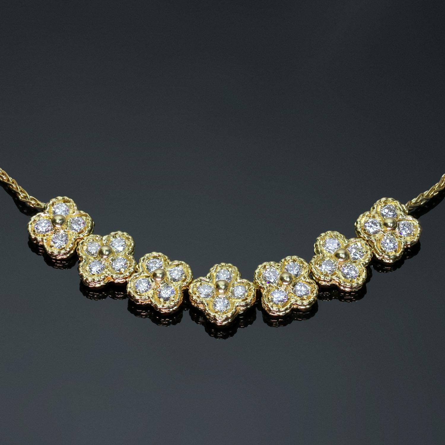 This exquisite Arno necklace from the Alhambra collection is crafted in 18k yellow gold and features a 5 flower design set with 28 brilliant-cut round diamonds of an estimated 1.68 carats. Made in France circa 2000. A timeless classic. Measurements: