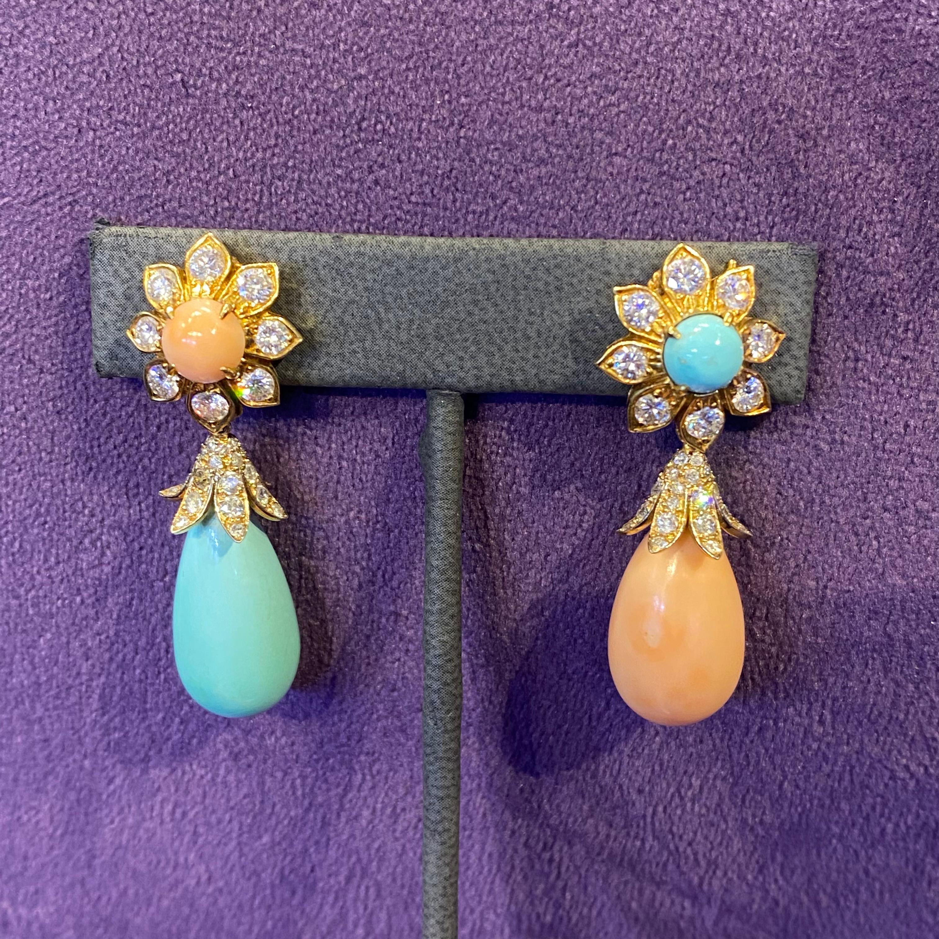 Van Cleef & Arpels Asymmetrical Coral & Turquoise Day & Night Earrings For Sale 3