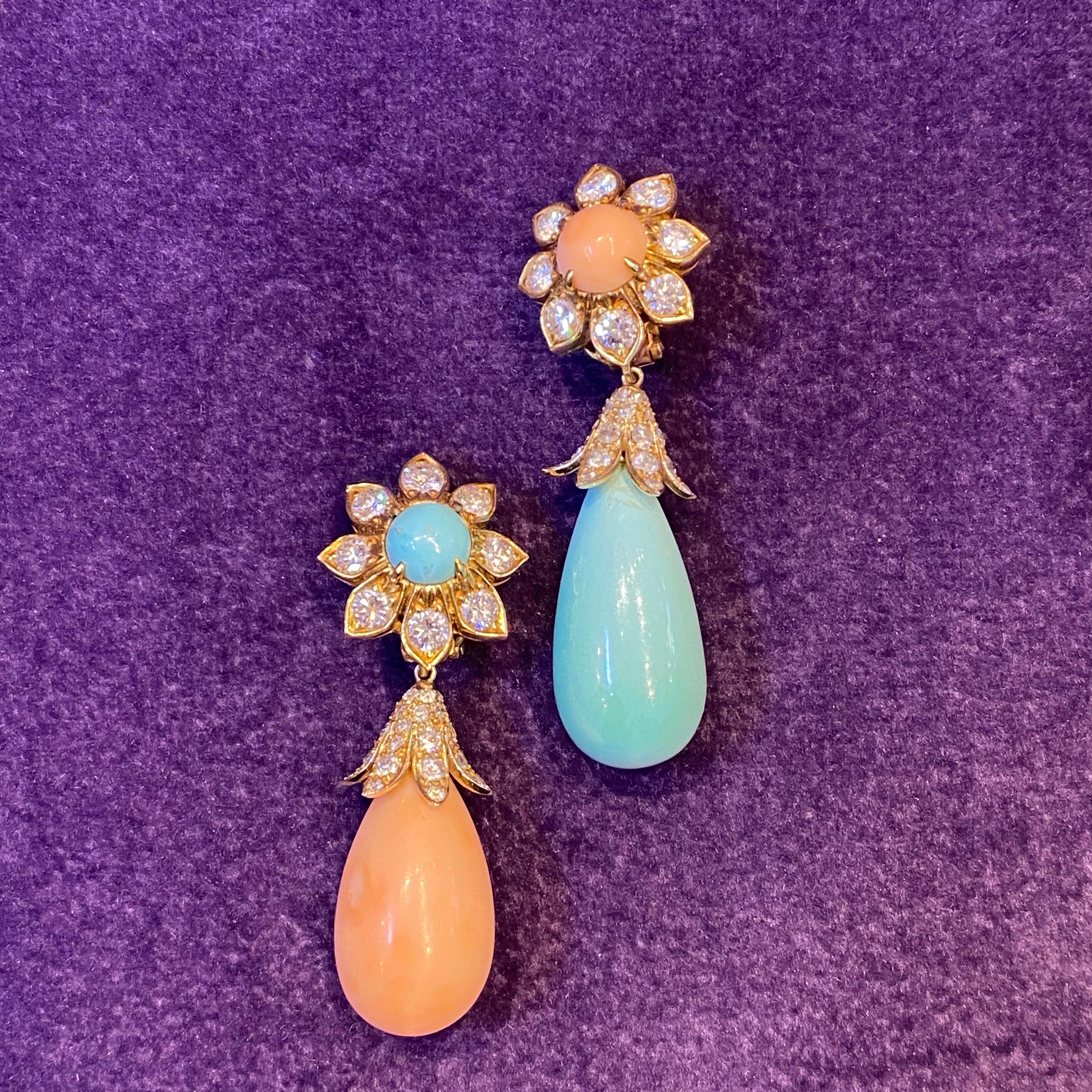 Van Cleef & Arpels Asymmetrical Coral & Turquoise Day & Night Earrings For Sale 4