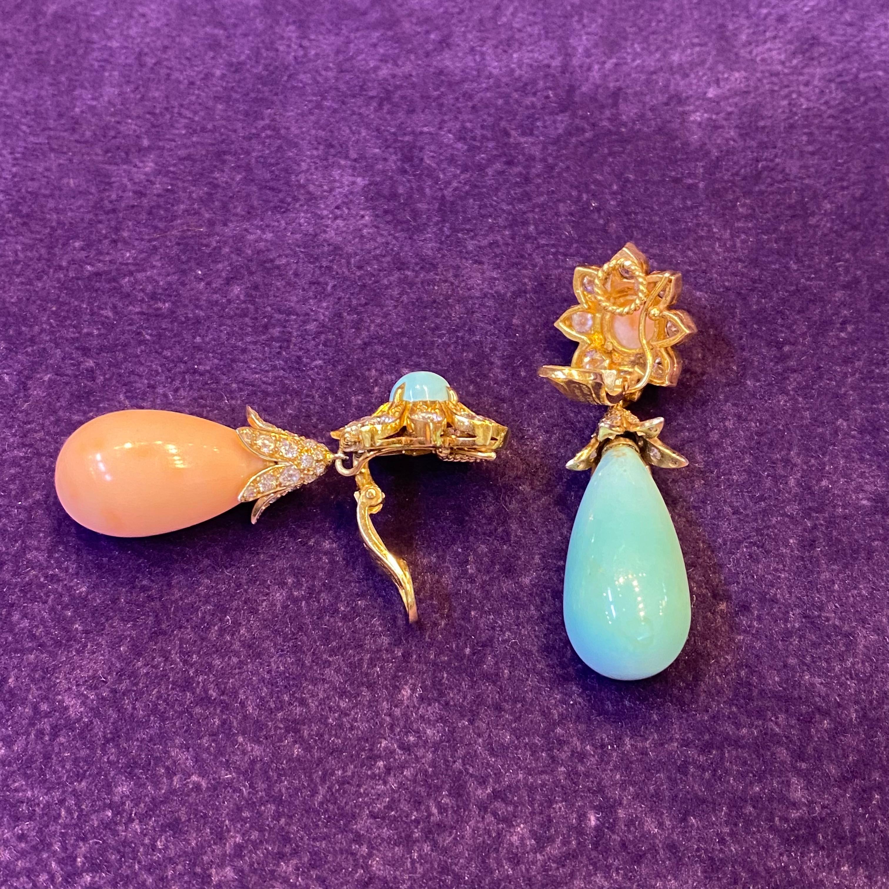 Van Cleef & Arpels Asymmetrical Coral & Turquoise Day & Night Earrings For Sale 6