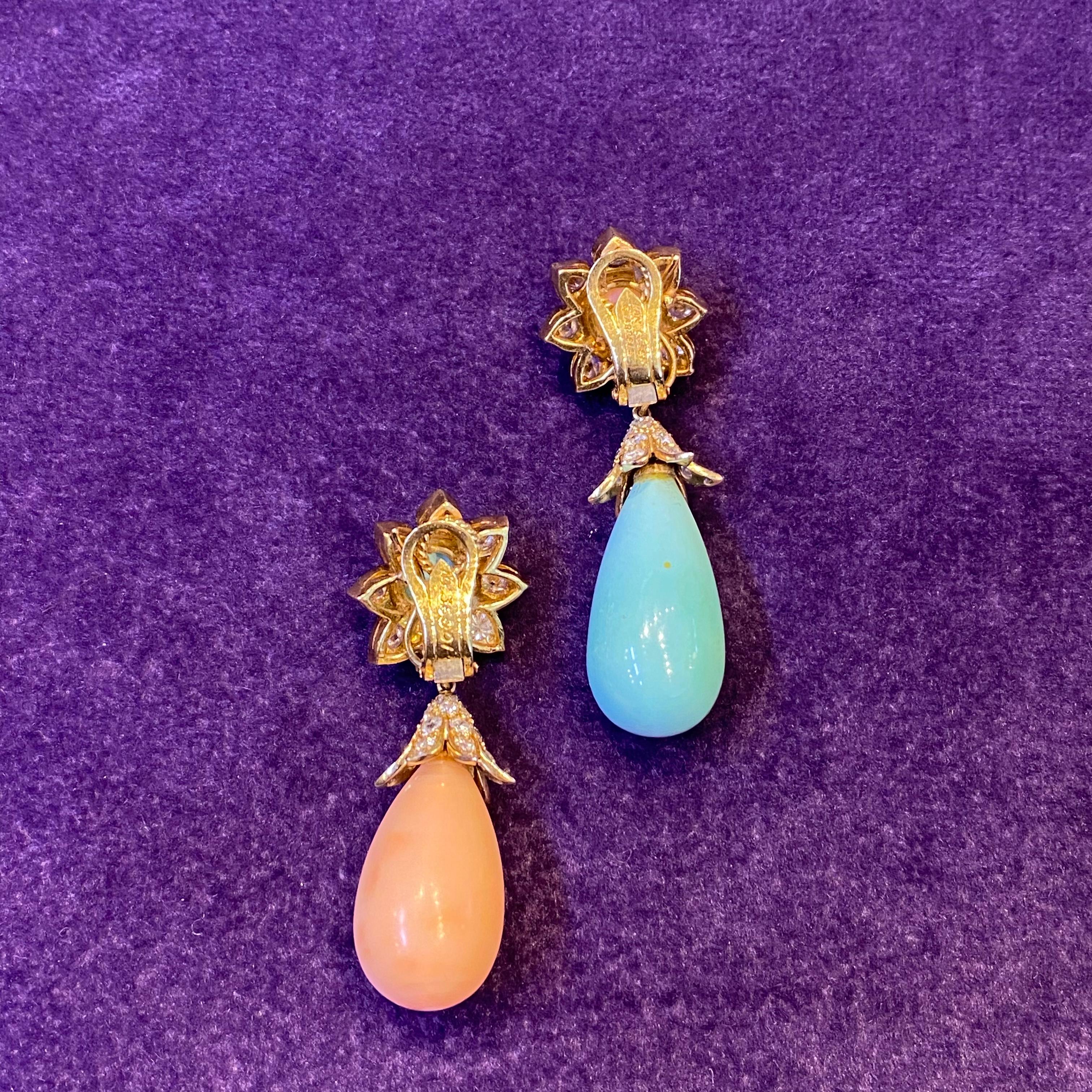 Van Cleef & Arpels Asymmetrical Coral & Turquoise Day & Night Earrings For Sale 7