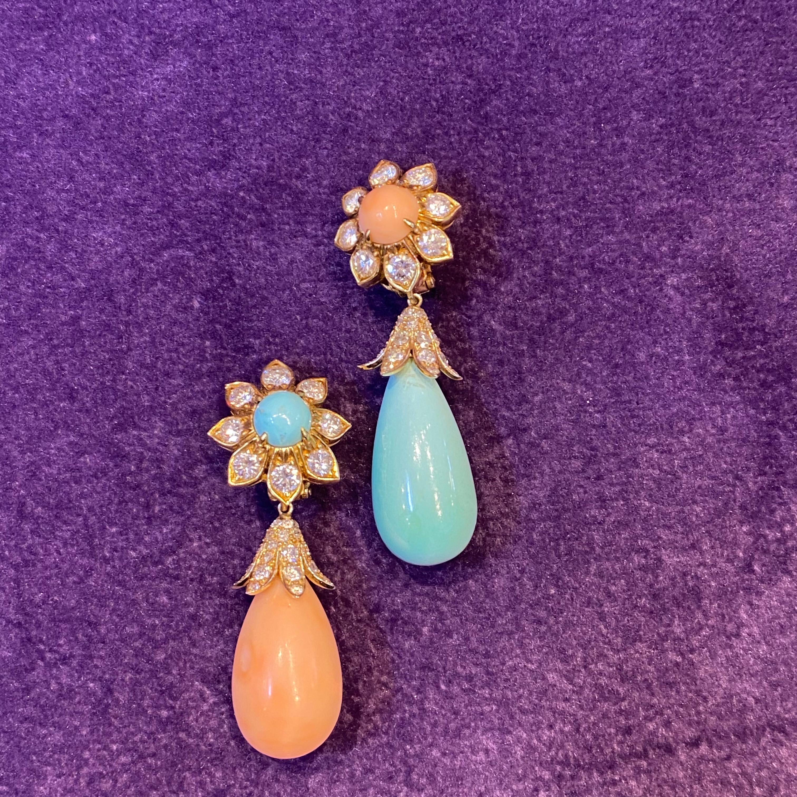 Van Cleef & Arpels Asymmetrical Coral & Turquoise Day & Night Earrings For Sale 8