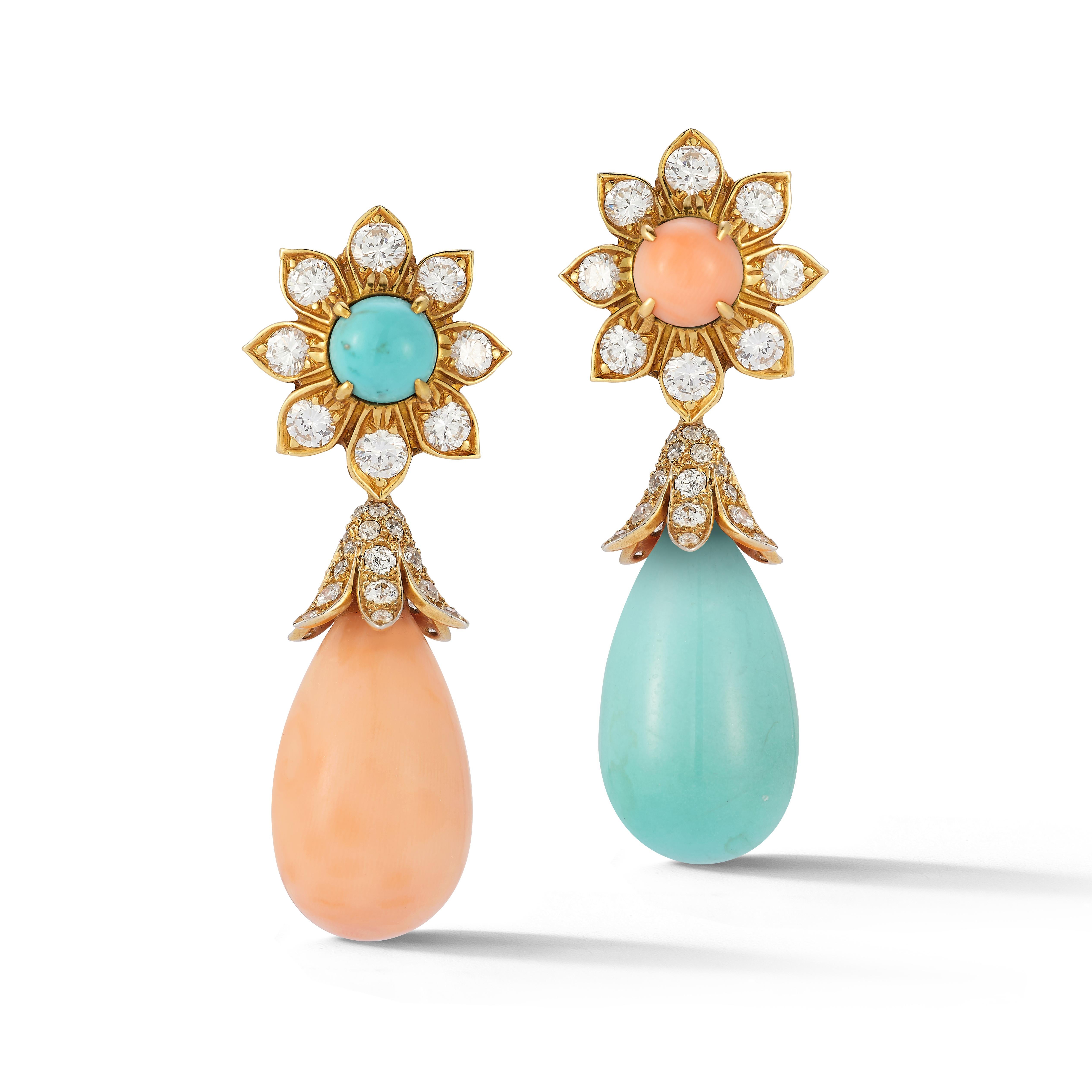 Van Cleef & Arpels Asymmetrical Angel Skin Coral & Turquoise Diamond Day & Night Earrings

A pair of earrings with flower motif daytime elements, one set with a cabochon turquoise and the other set with a cabochon coral, each framed by round cut