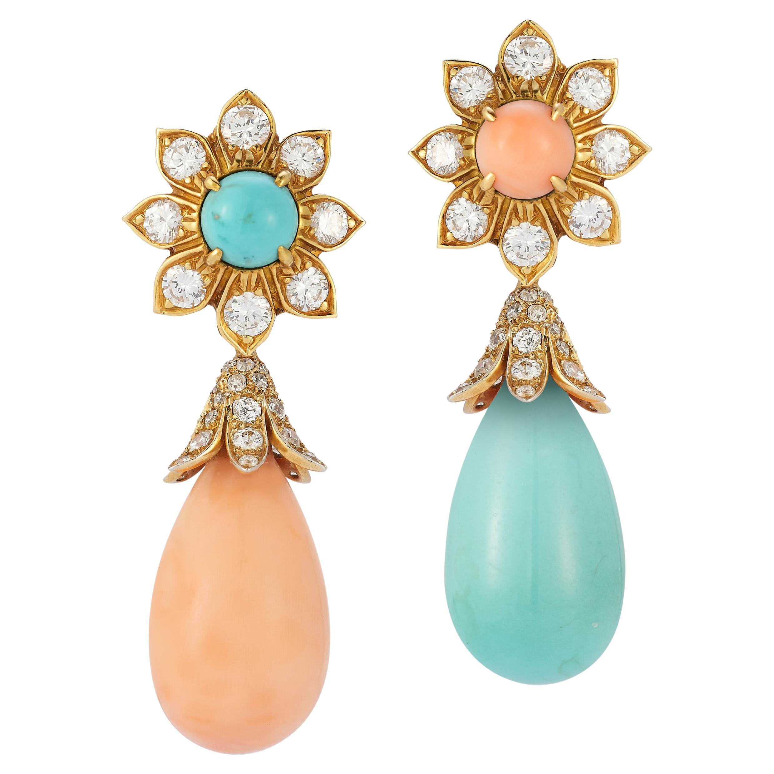 Van Cleef & Arpels Asymmetrical Coral & Turquoise Day & Night Earrings For Sale