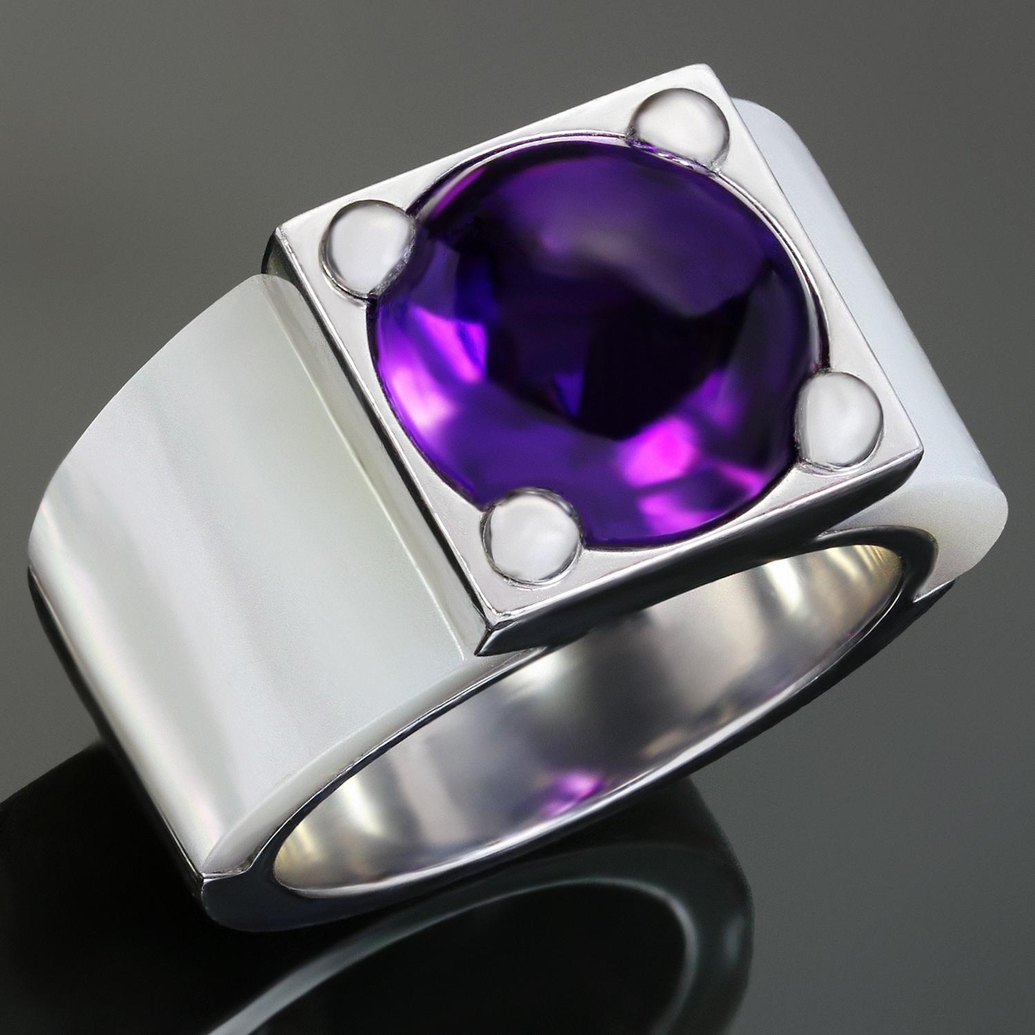 Make a statement with this authentic ring from the Babylone collection by Van Cleef & Arpels. Featuring a dazzling bright purple round cabochon amethyst, measuring 10mm in diameter and prong-set in 18k white gold. The band is completed by elegant