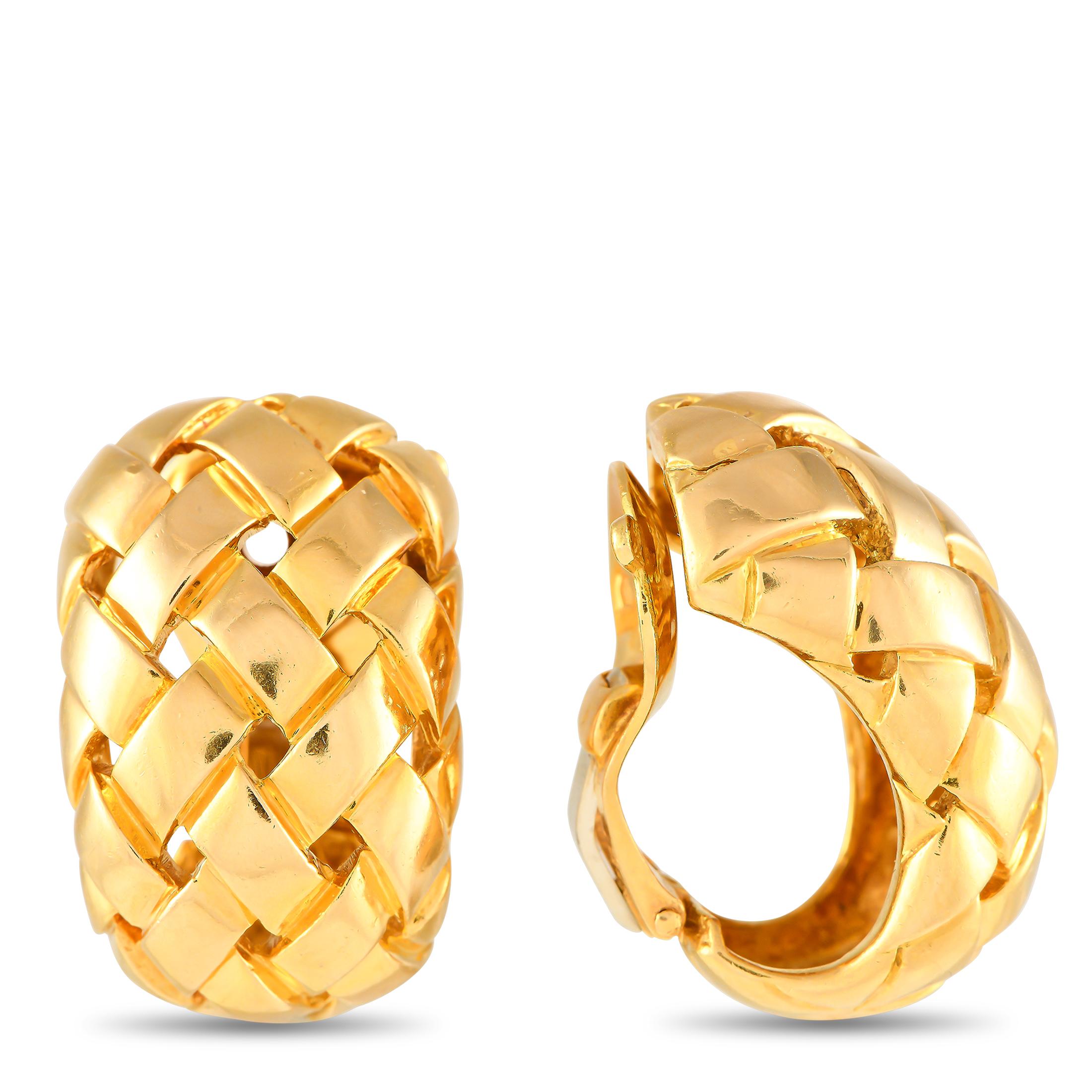 Infuse a sense of nostalgia and sophistication into your jewellery wardrobe with these Van Cleef & Arpels Basket Weave hoops. These thick huggie hoops feature a criss-cross woven pattern that can surely add texture and dimension to your looks. Each