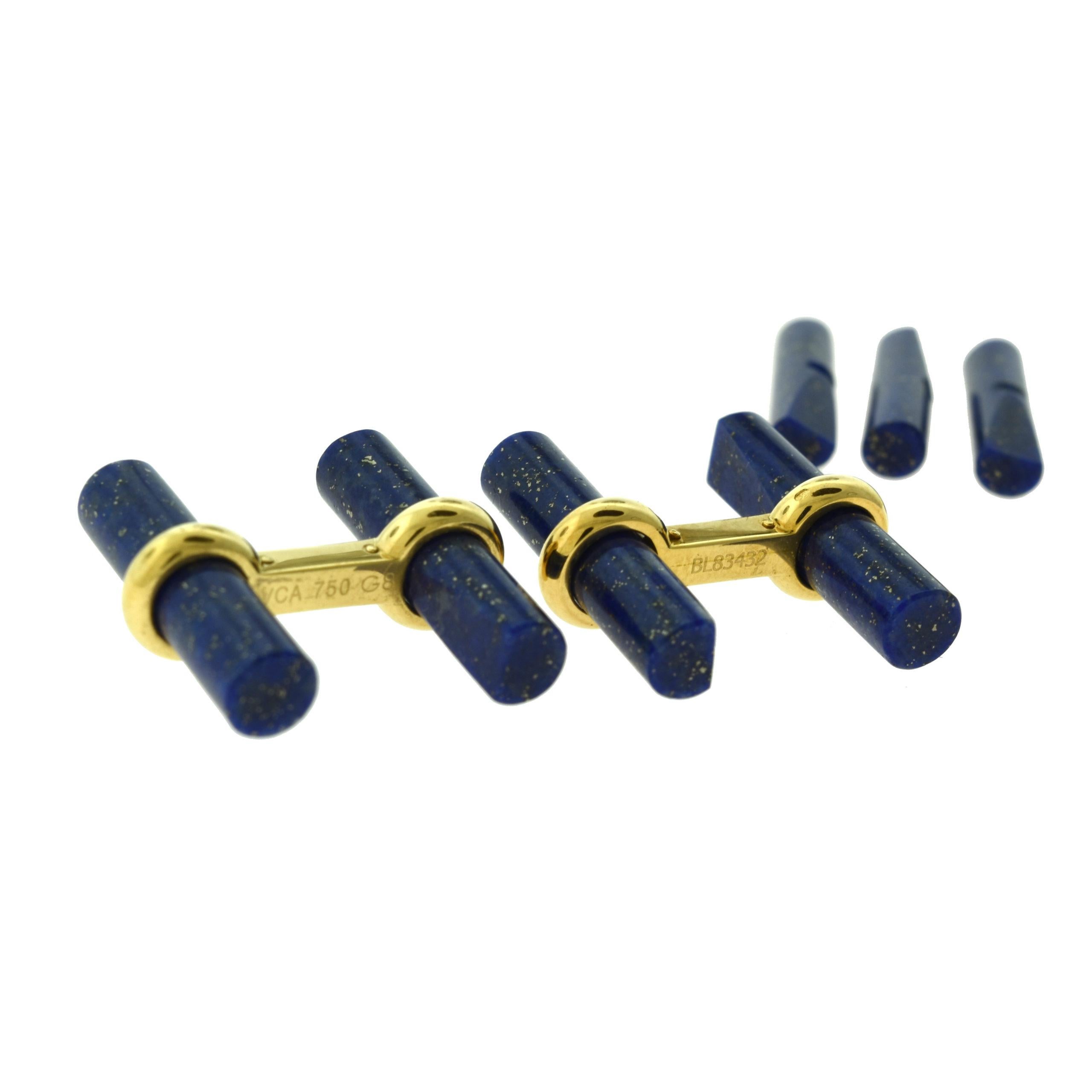 Van Cleef & Arpels Batonnet Lapis Lazuli and 18k Yellow Gold Cufflink Stud Set In Good Condition In Miami, FL