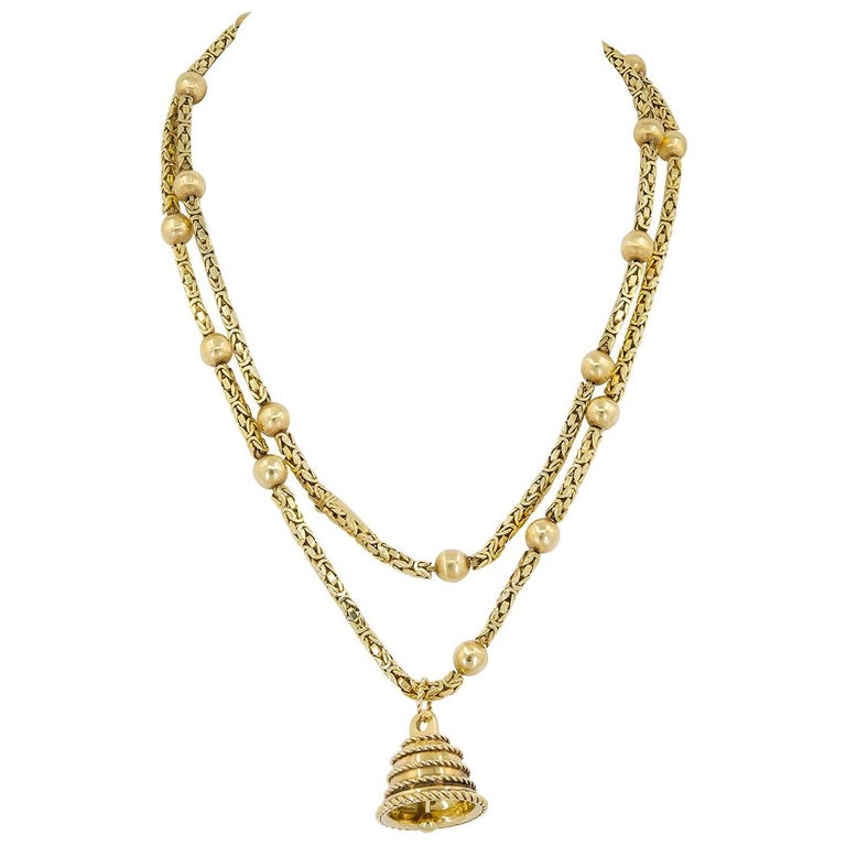 Van Cleef and Arpels Yellow Gold Bell Charm Byzantine Chain Necklace