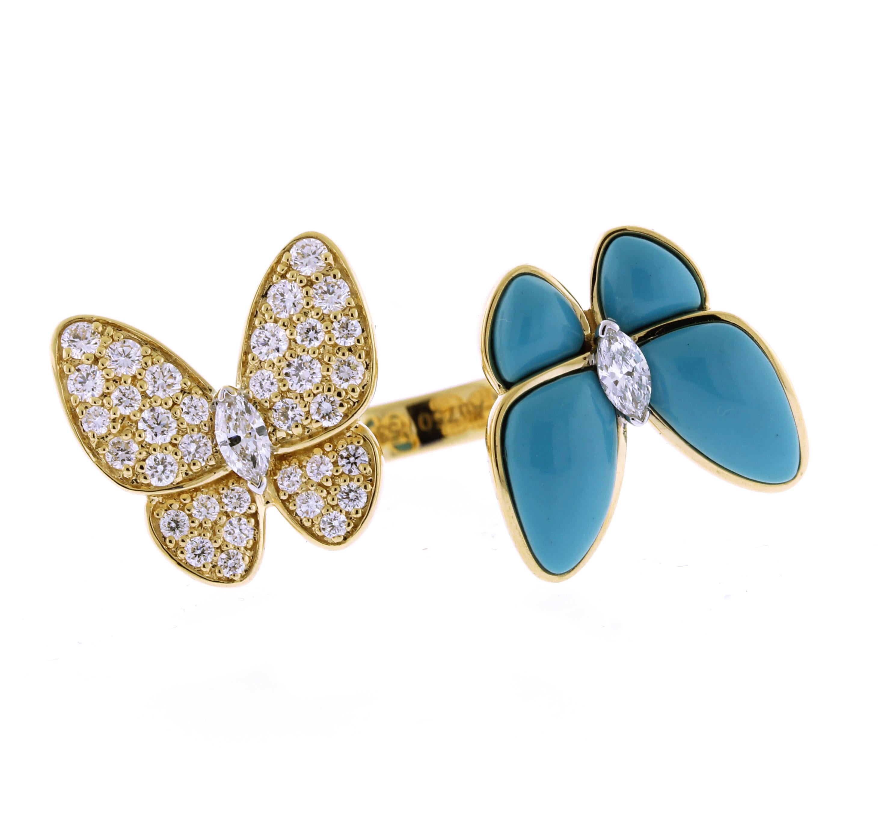 Round Cut Van Cleef & Arpels Between the Finger Turquoise and Diamond Ring For Sale