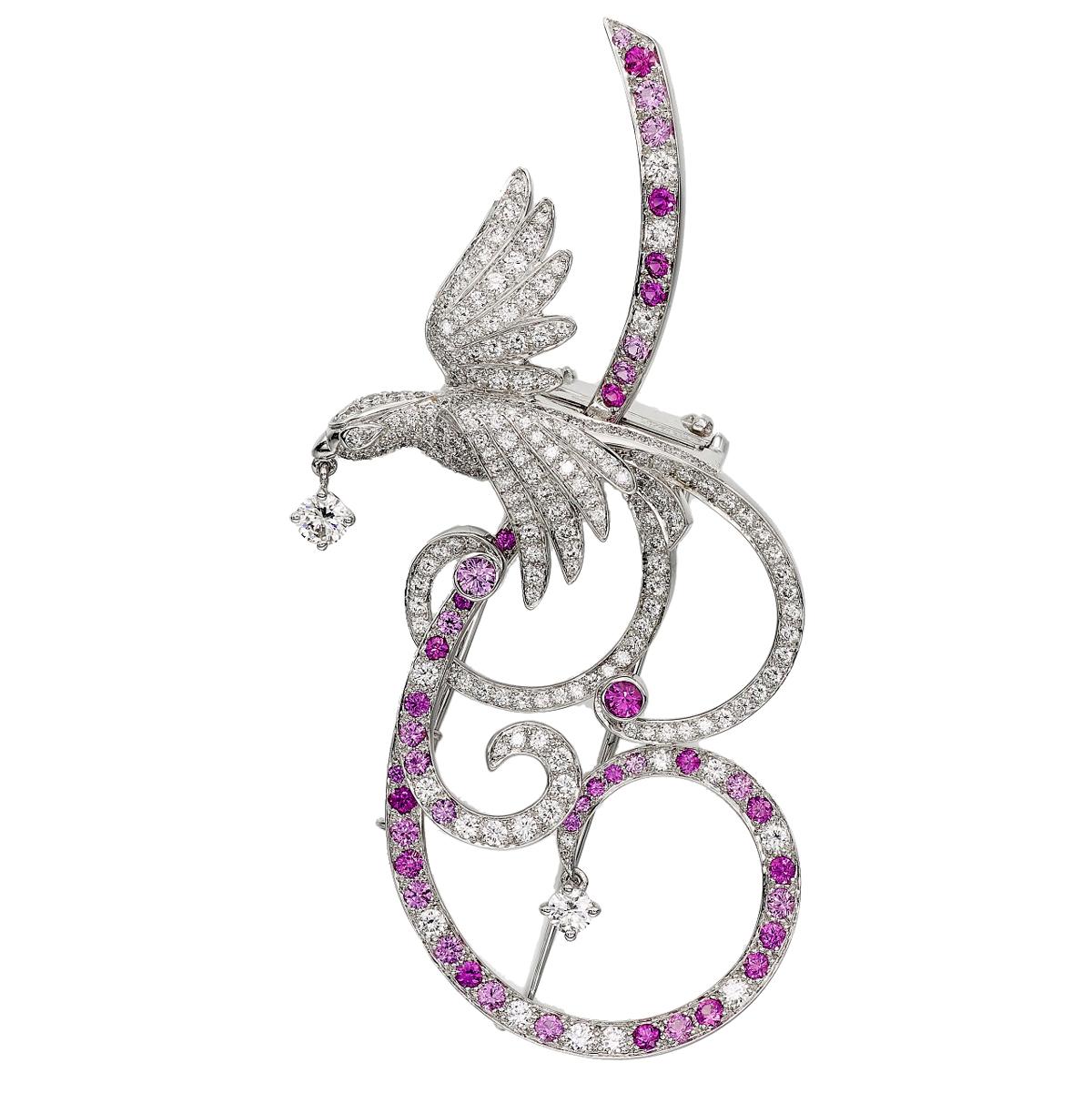 Van Cleef & Arpels Brosche mit Diamant-Anhänger, Vögel des Paradieses, rosa Saphir (Rundschliff) im Angebot