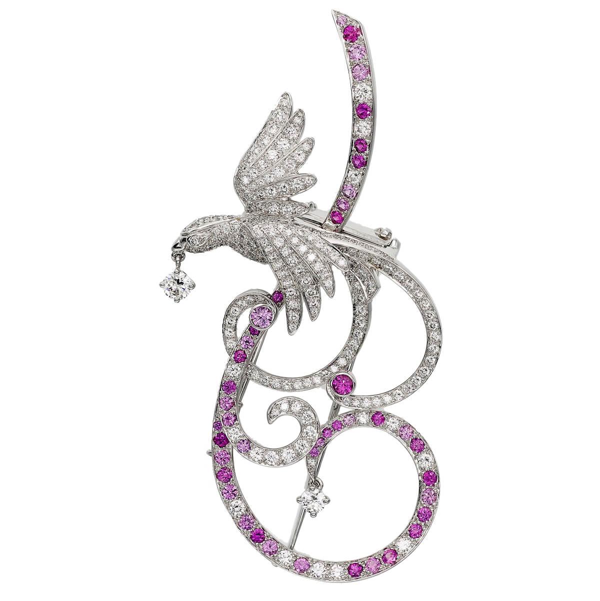 Van Cleef & Arpels Brosche mit Diamant-Anhänger, Vögel des Paradieses, rosa Saphir im Zustand „Hervorragend“ im Angebot in Feasterville, PA