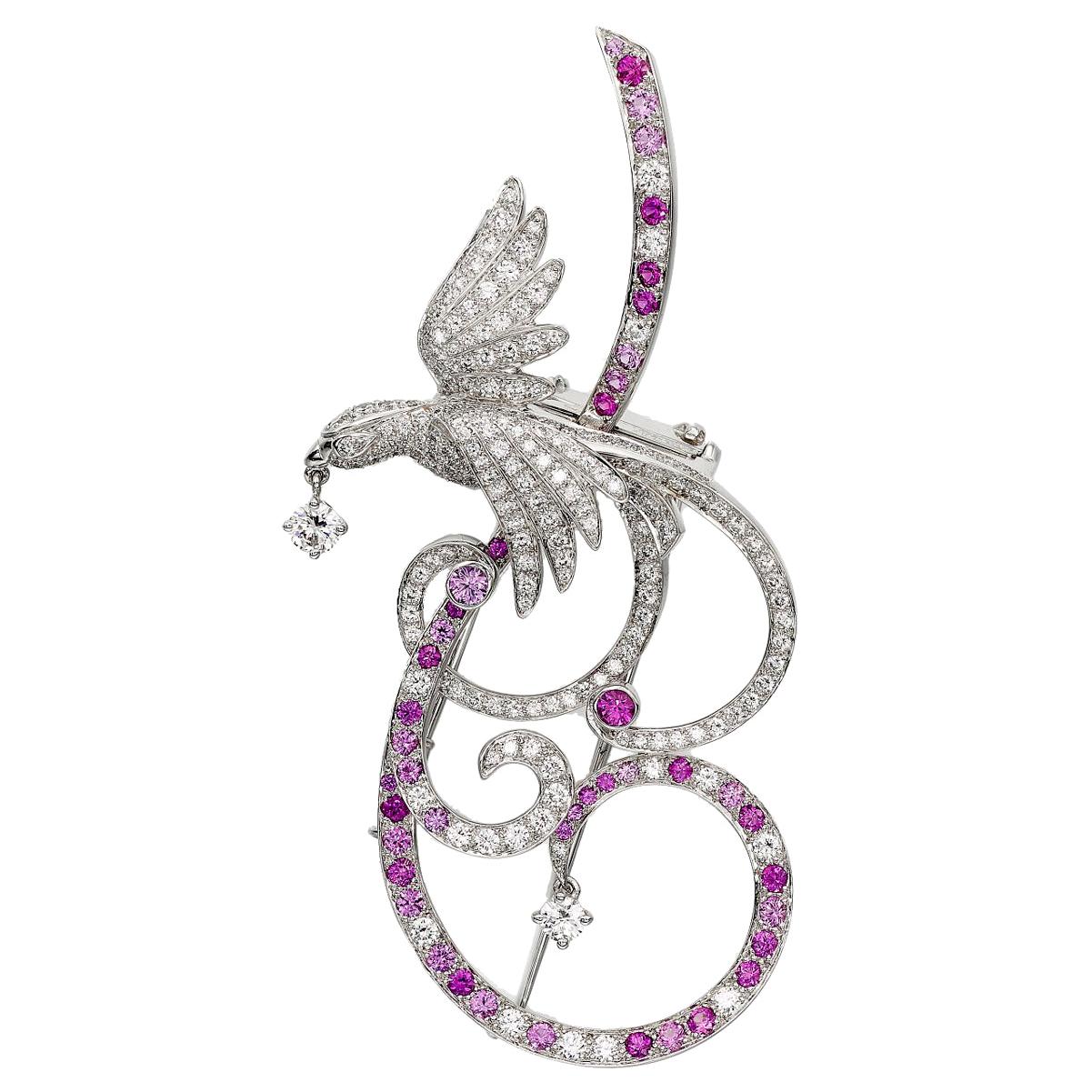 Van Cleef & Arpels: Brosche mit Anhänger, Paradiesvögel, rosa Saphir, Diamant
