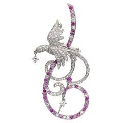 Van Cleef & Arpels: Brosche mit Anhänger, Paradiesvögel, rosa Saphir, Diamant