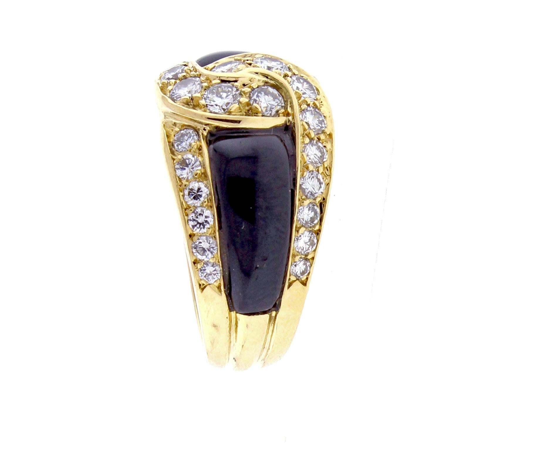 From  Van Cleef & Arpels,  a  back onyx and diamond ring.

♦ Designer / Hallmarks: Van Cleef & Arpels
♦ Metal: 18 karat
♦ Gem stone: 30 Diamonds = 1.50 carats   F-VS1
♦ Design Era: Contemporary
♦ Circa 1970s
♦ Size 6, non sizable
♦ Weight 9.5g,