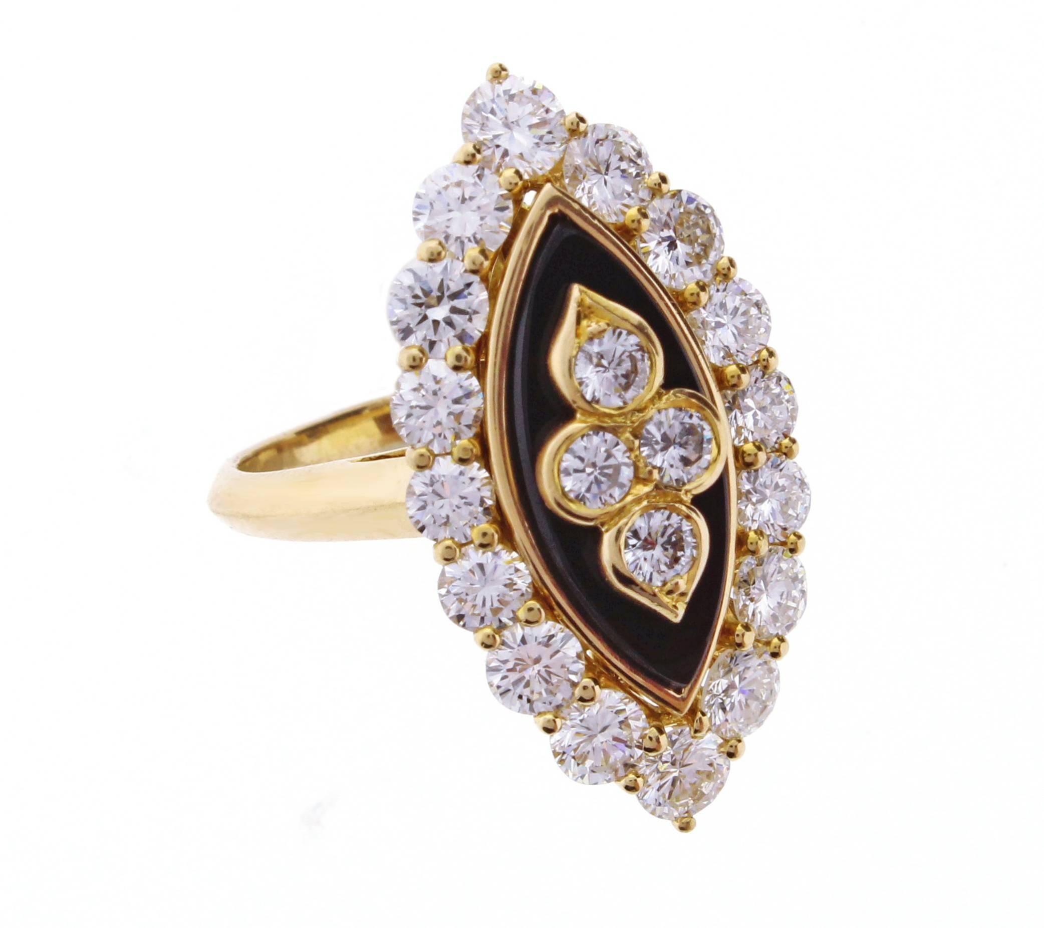 Round Cut Van Cleef & Arpels Black Onyx Diamond Navette Shaped Ring For Sale