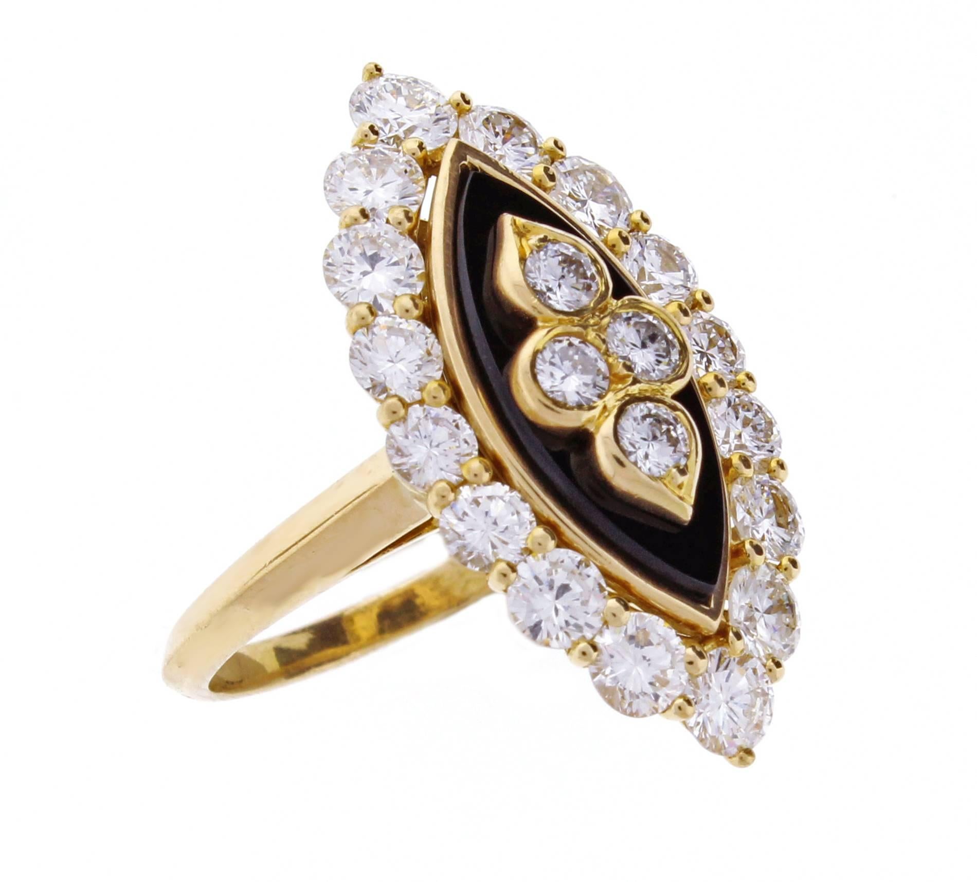Van Cleef & Arpels Black Onyx Diamond Navette Shaped Ring In Excellent Condition For Sale In Bethesda, MD