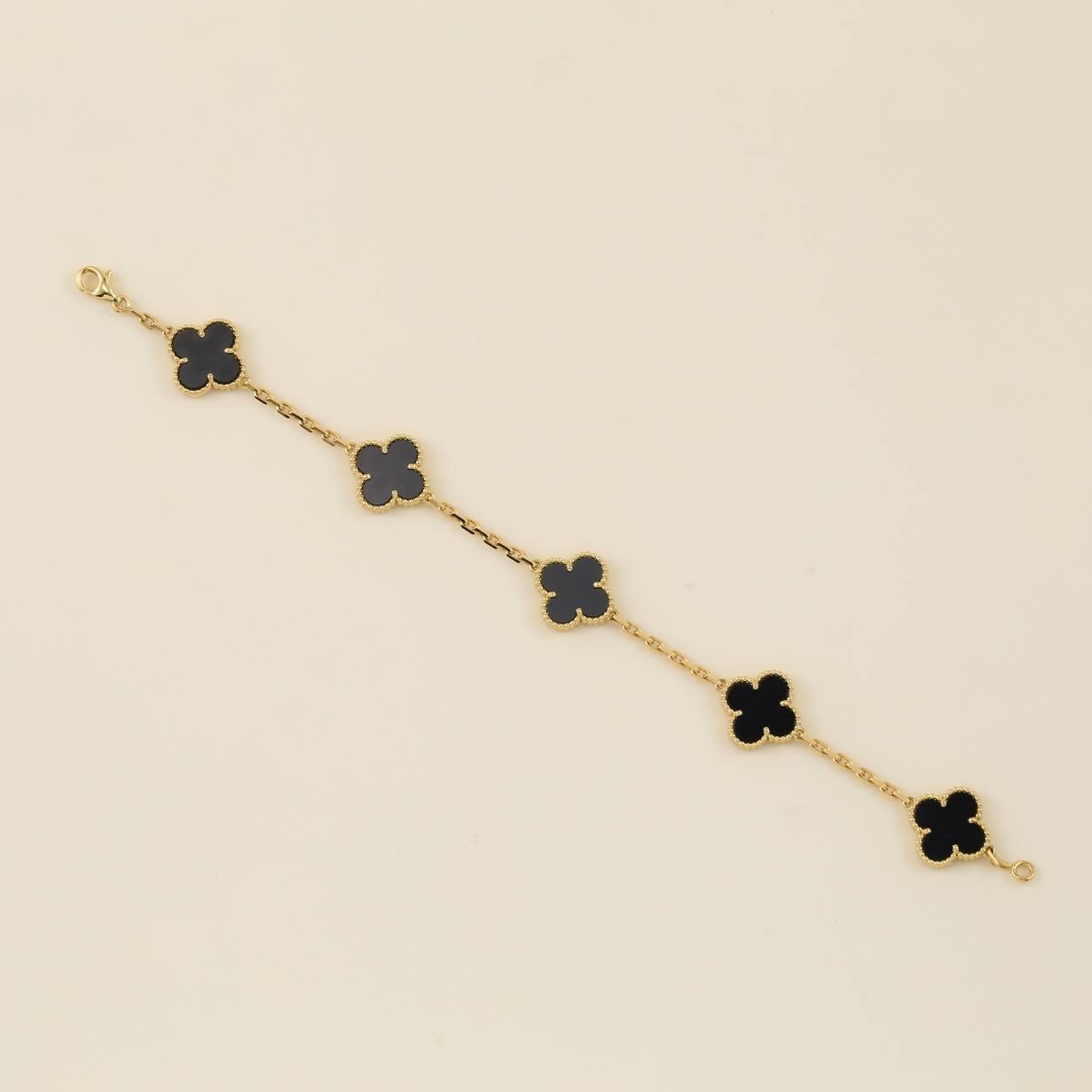 Uncut Van Cleef & Arpels Black Onyx Vintage Alhambra 18k Gold Bracelet