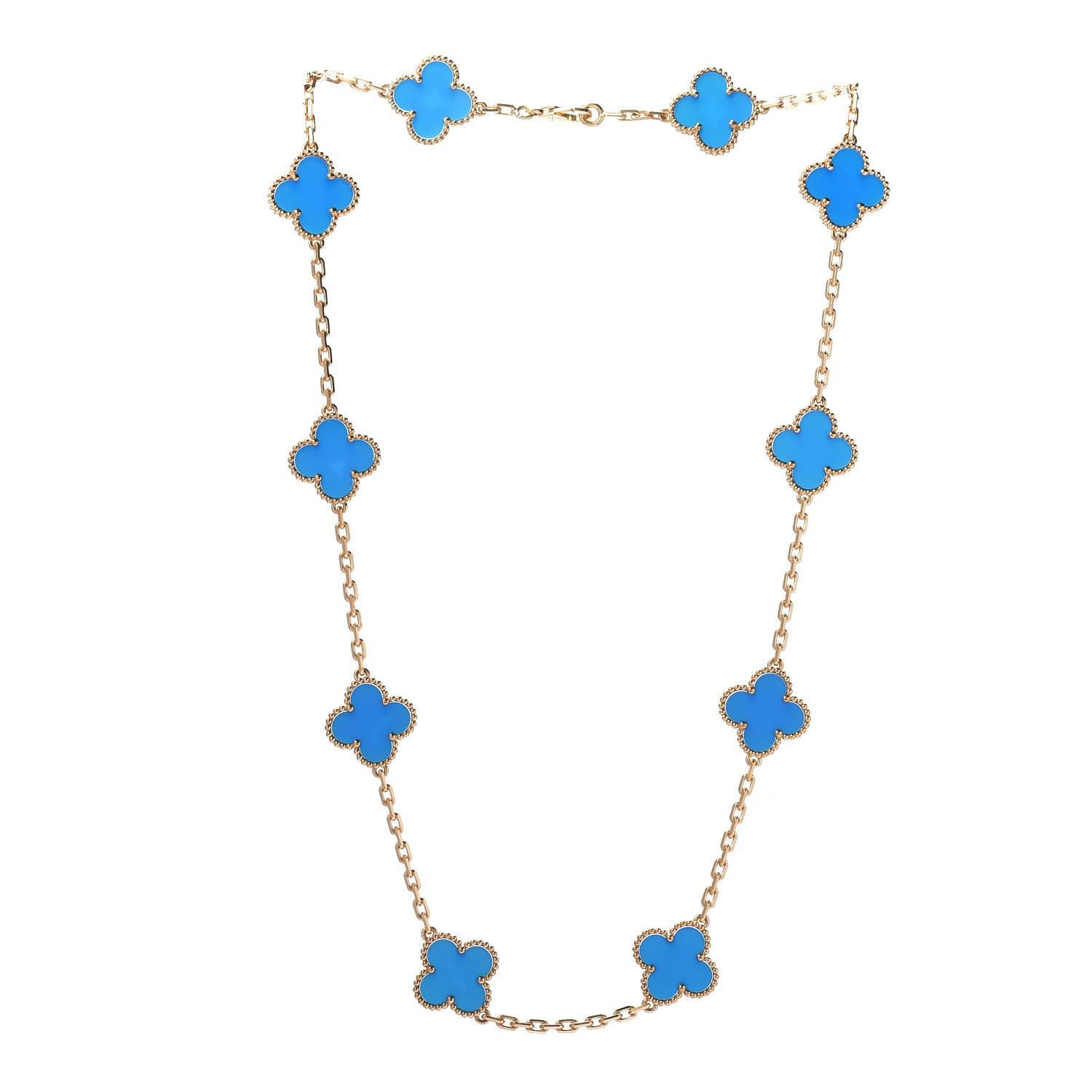Amazing timeless design by Van Cleef & Arpels. This amazing necklace is from the Alhambra collection. Inspired by the clover leaf, these icons of luck are adorned with a border of gold. This necklace design is set with Blue Agate gemstones. The blue