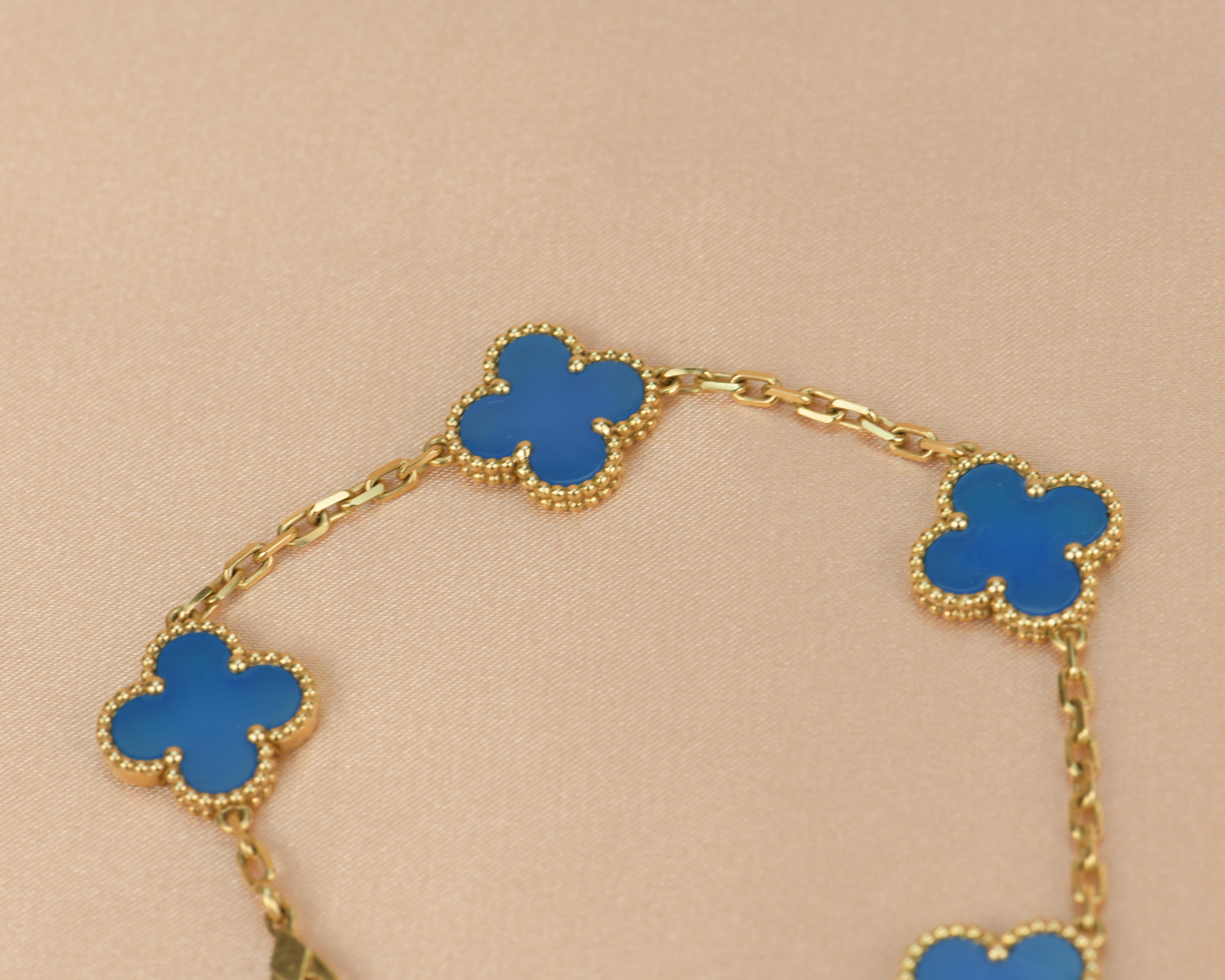 Uncut Van Cleef & Arpels Blue Agate Vintage Alhambra 18k Gold Bracelet
