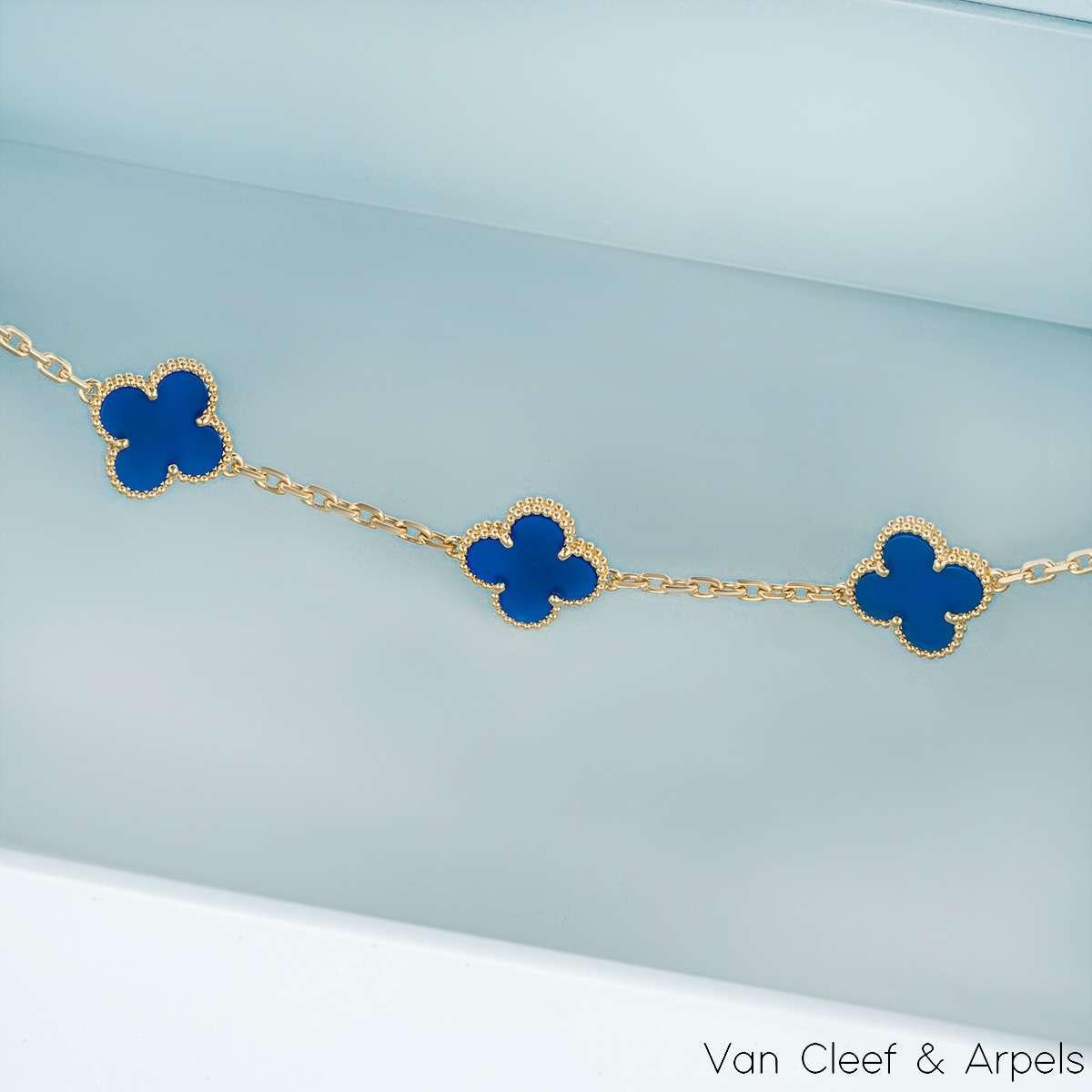 Van Cleef & Arpels Blue Gold Agate Vintage Alhambra 5 Motif Bracelet VCARP34900 For Sale 2