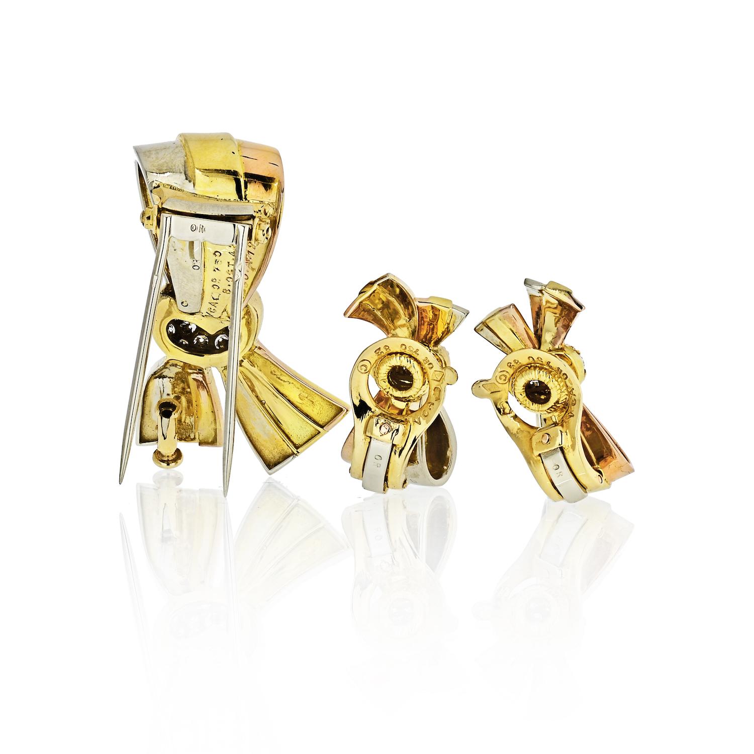 Round Cut Van Cleef & Arpels Bow 18K Tri Color Earrings and Brooch Diamond Jewelry Set