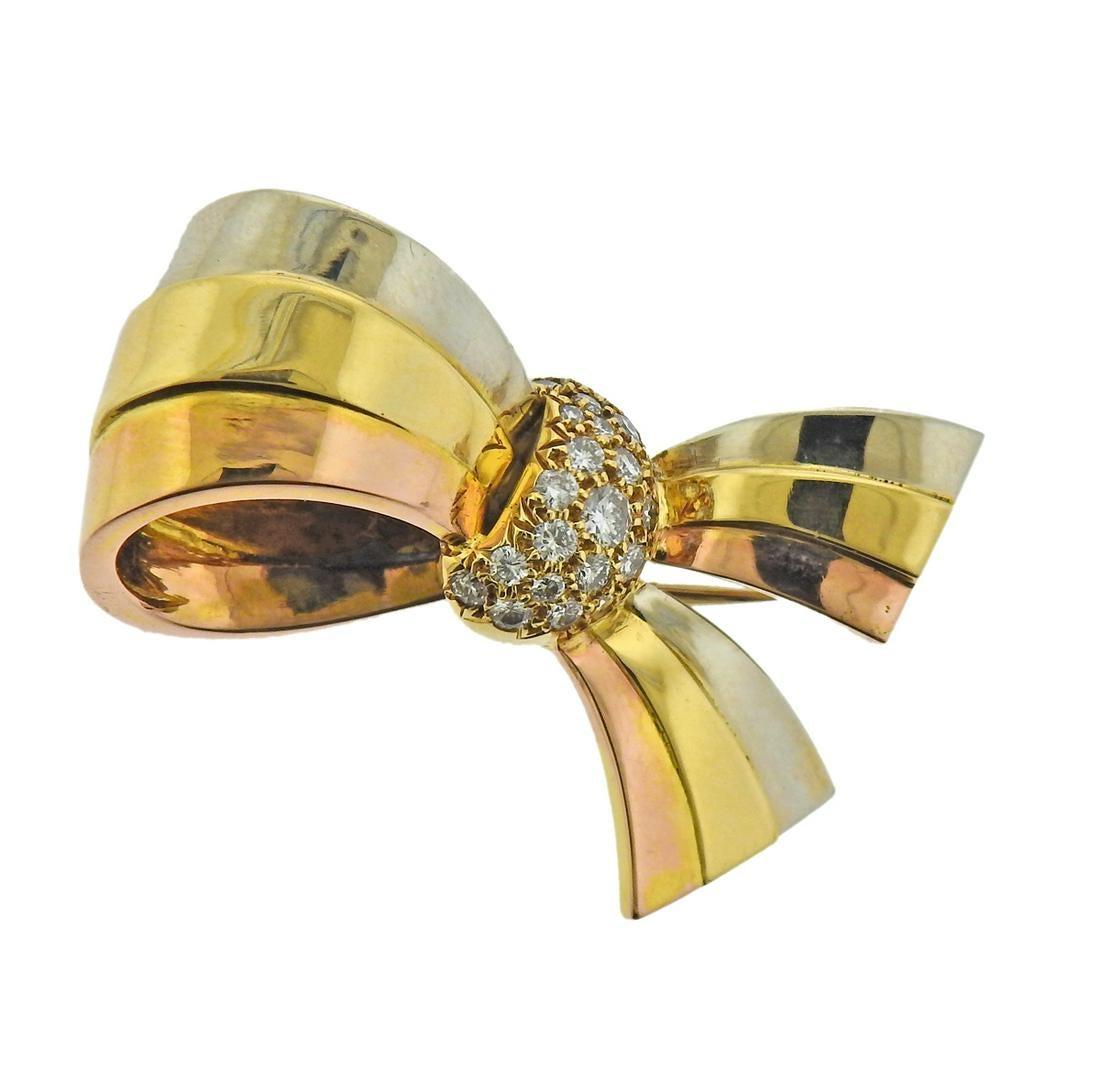 Women's Van Cleef & Arpels Bow 18K Tri Color Earrings and Brooch Diamond Jewelry Set