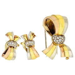 Van Cleef & Arpels Bow 18K Tri Color Earrings and Brooch Diamond Jewelry Set