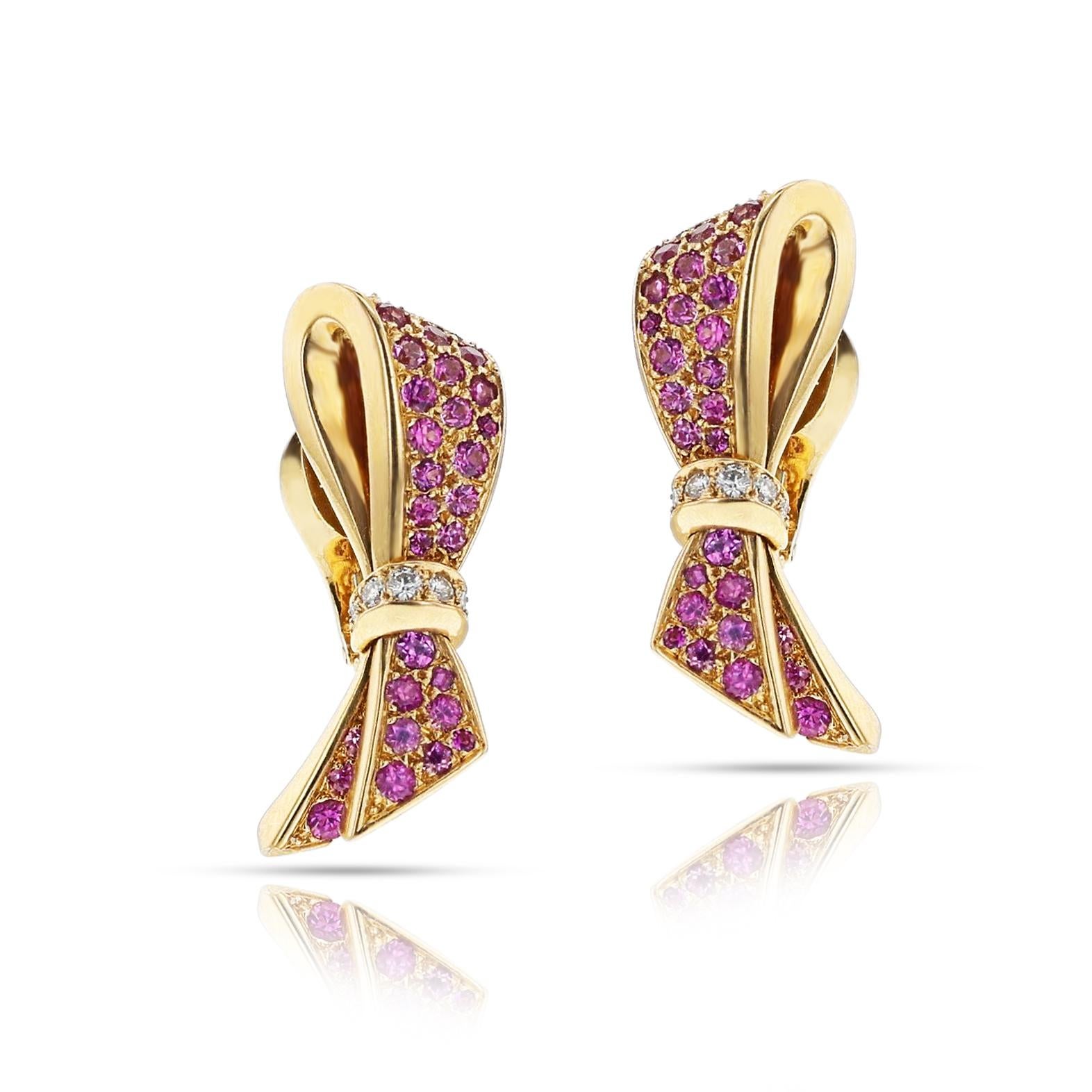 Round Cut Van Cleef & Arpels Bow Earclips with Pink Sapphires and Diamonds, 18k For Sale