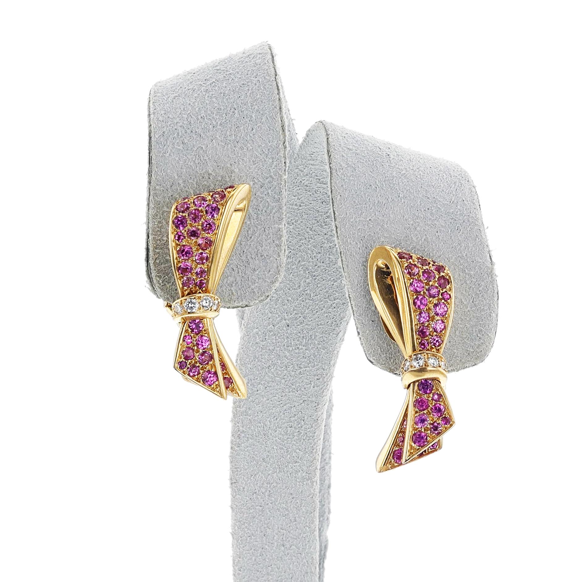 Women's or Men's Van Cleef & Arpels Bow Earclips with Pink Sapphires and Diamonds, 18k For Sale