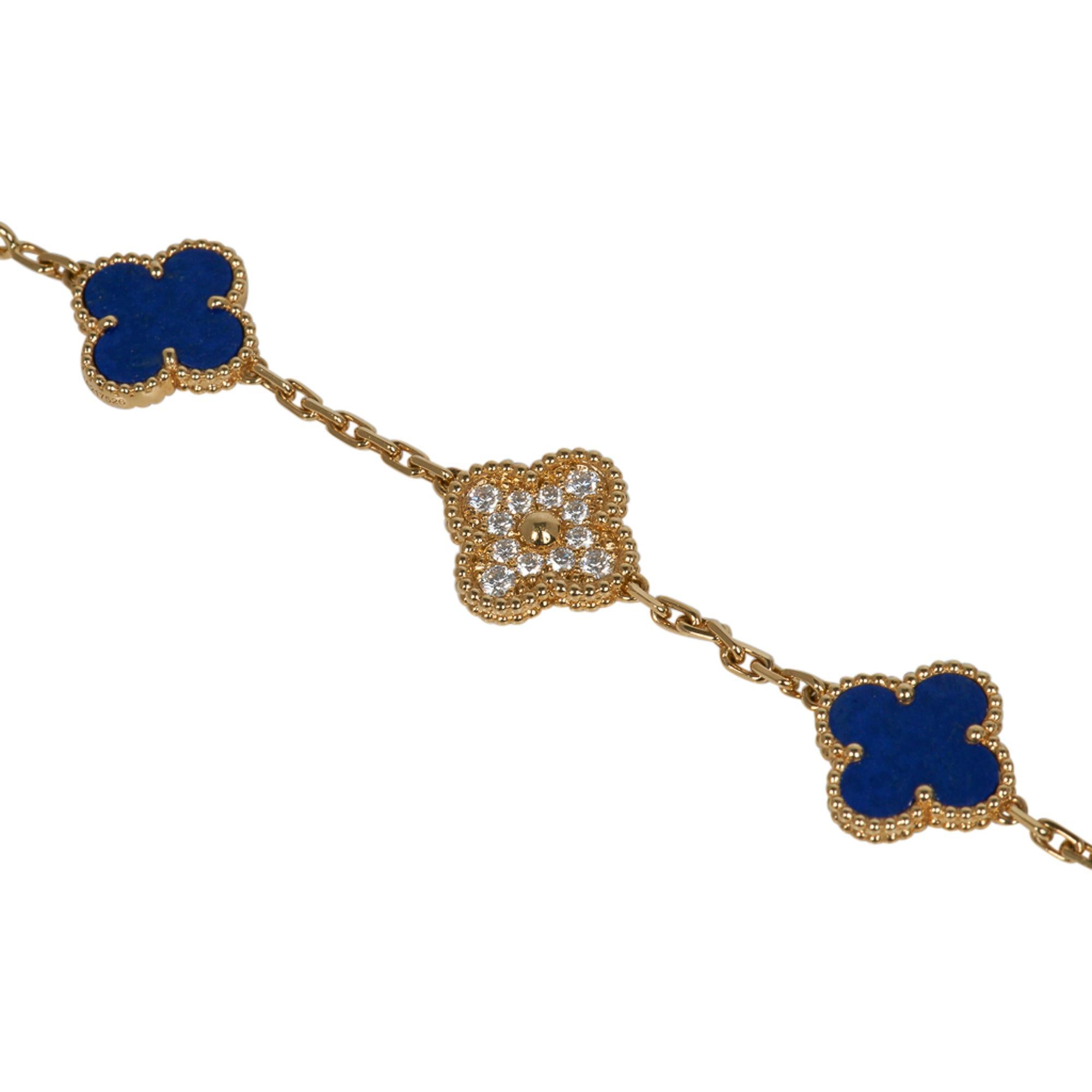 Guaranteed authentic Van Cleef and Arpels 50th anniversary 5 motif bracelet features Sweet Alhambra Lapis Lazuli and Diamond motifs set in 18K yellow gold.
Very rare to find, this beauty is a collectors treasure.
Signature stamps on bracelet.
Comes