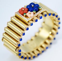 Van Cleef & Arpels Bullet Shaped Gold Coral and Lapis Watch Bracelet