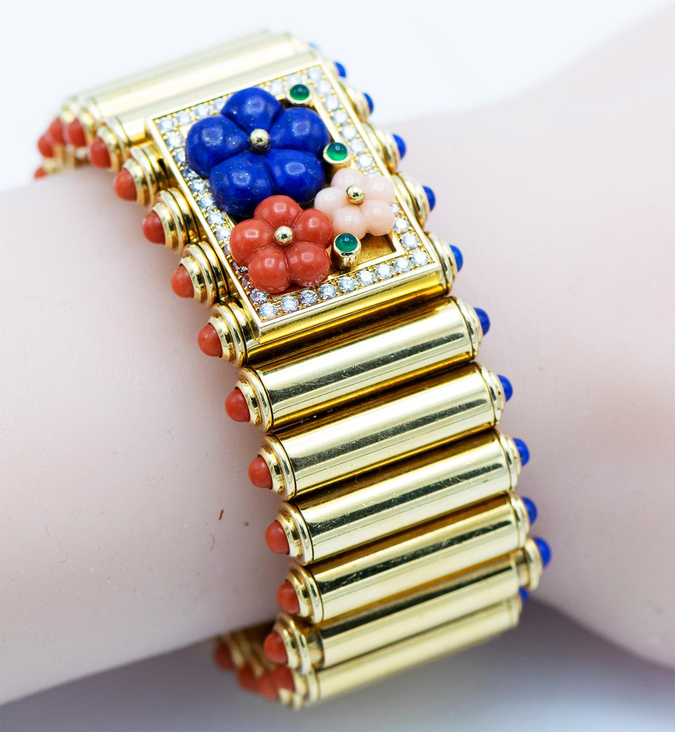 Van Cleef & Arpels Bullet Shaped Gold Coral and Lapis Watch Bracelet In Excellent Condition In New York, NY