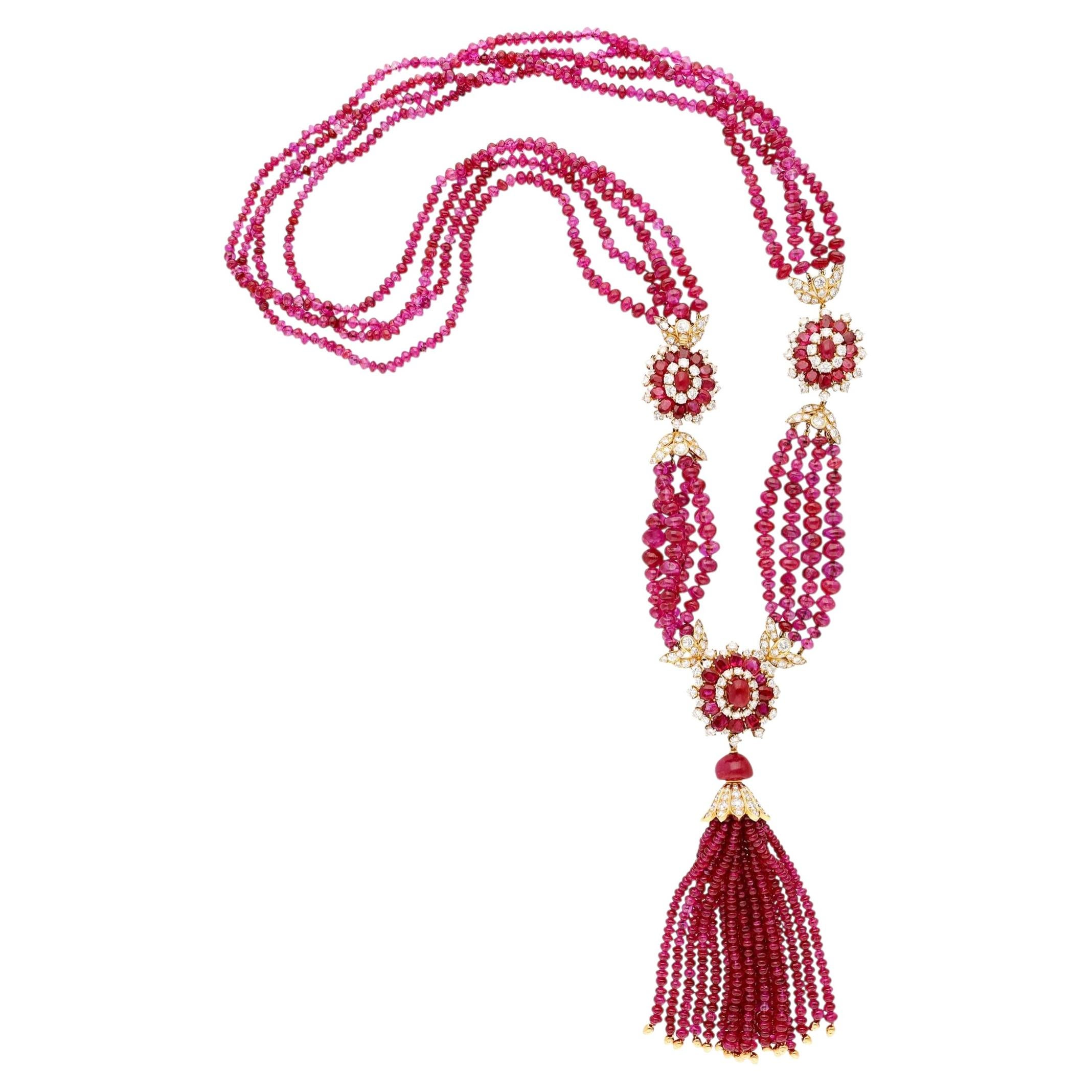 VAN CLEEF & ARPELS Burma No-Heat Ruby Bead and Diamond Tassel Necklace