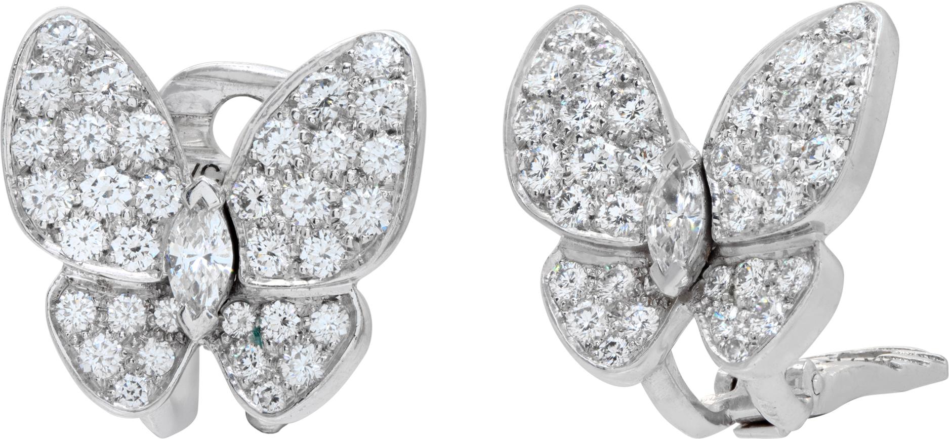 Van Cleef & Arpels Two Butterfly earrings, rhodium plated 18K white gold, round and marquise-cut diamonds; diamond quality DEF, IF to VVS. Diamond: 70 stones, 1.67 carats. Complete with VCA appraisal & box/pouch. Engraved Number BL155509 -