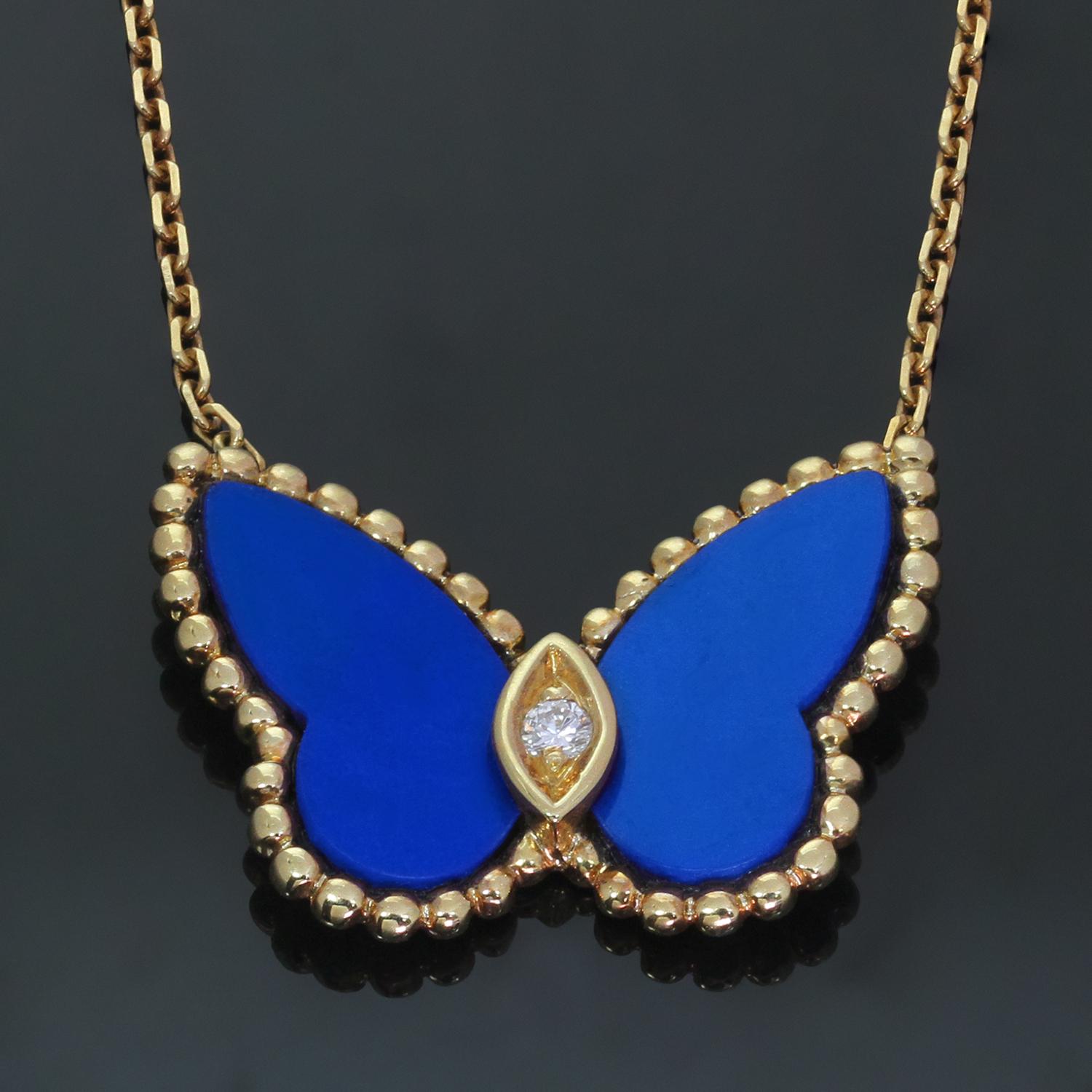 This fabulous vintage Van Cleef & Arpels necklace from the timeless Flying Beauties collection is crafted in 18k yellow gold and features a butterfly pendant with lapis lazuli wings accented solitaire brilliant-cut diamond and completed with an