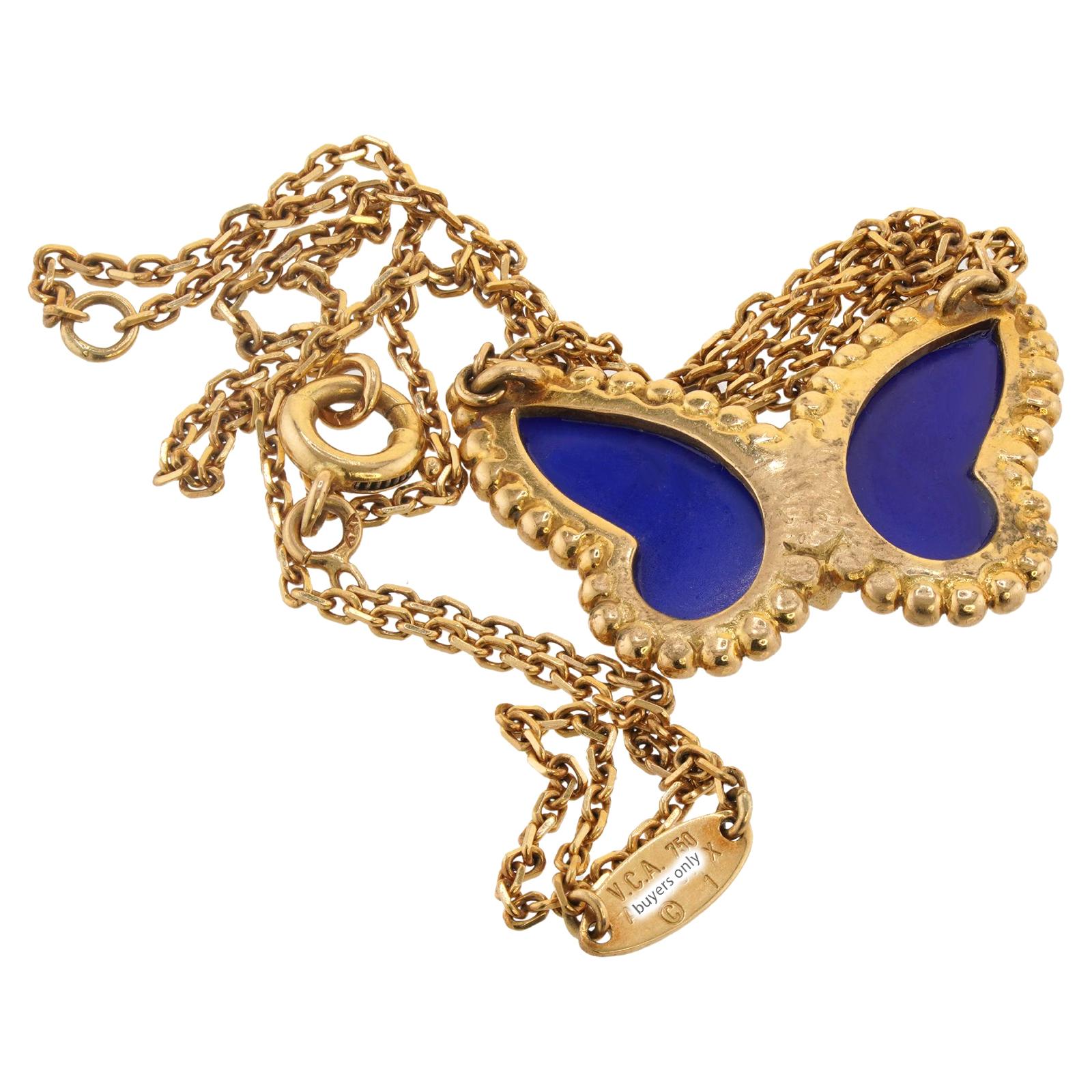 Brilliant Cut VAN CLEEF & ARPELS Butterfly Diamond Lapis Lazuli Yellow Gold Pendant Necklace