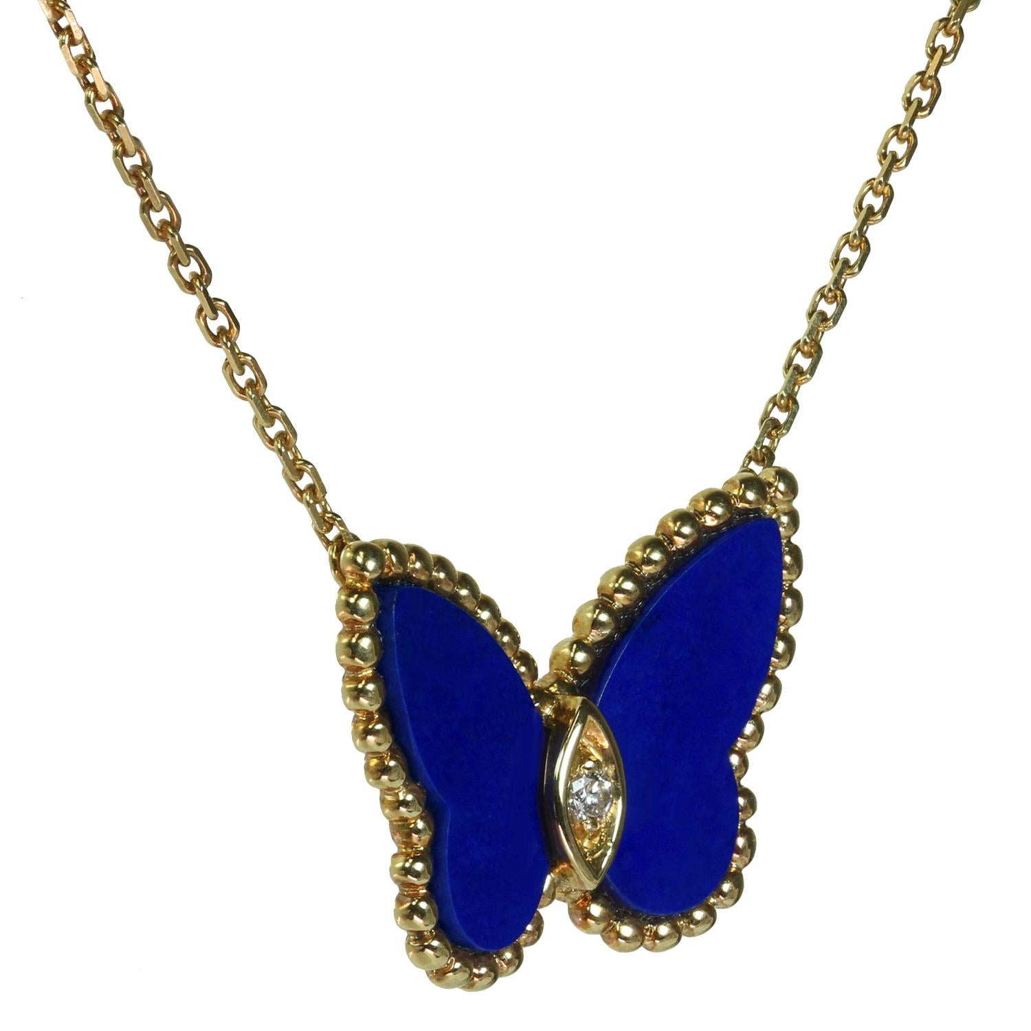 Van Cleef & Arpels Butterfly Diamond Lapis Lazuli Yellow Gold Pendant Necklace In Excellent Condition In New York, NY