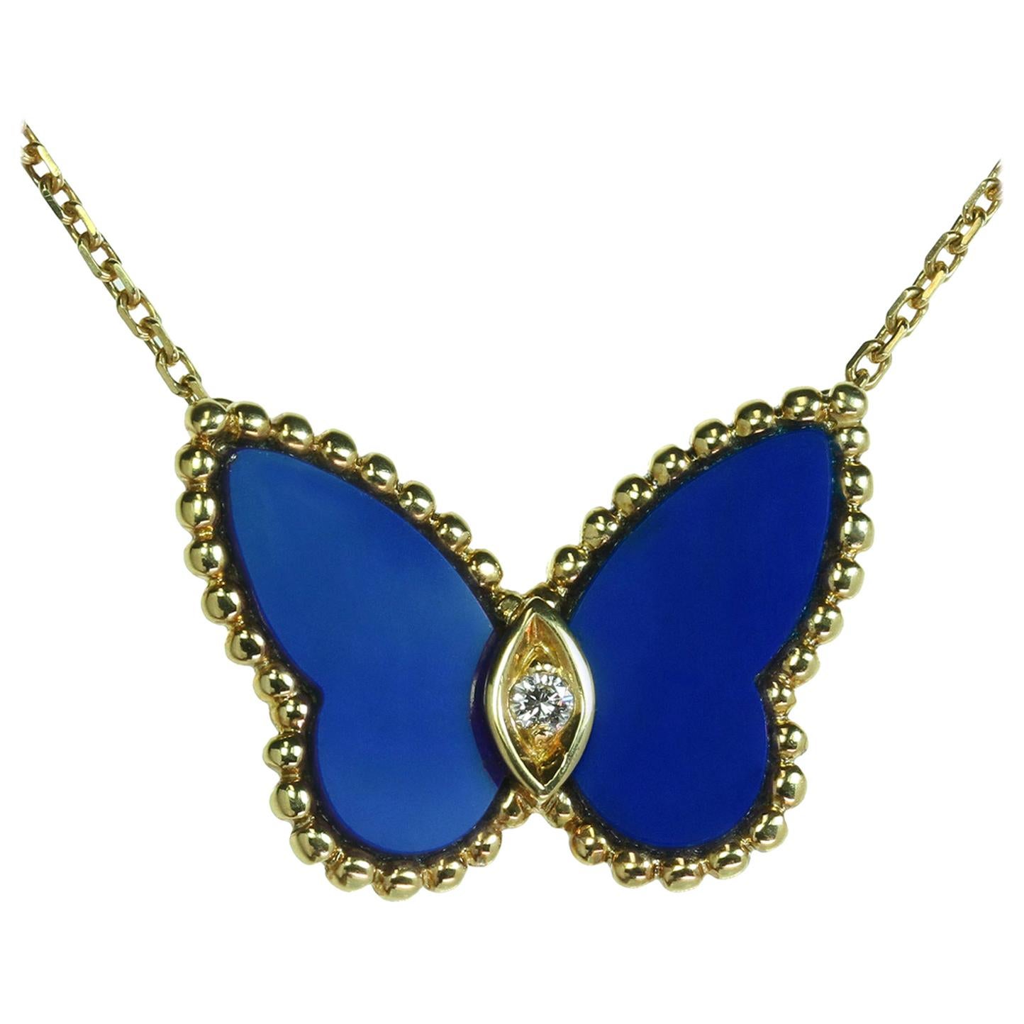 Van Cleef & Arpels Butterfly Diamond Lapis Lazuli Yellow Gold Pendant Necklace