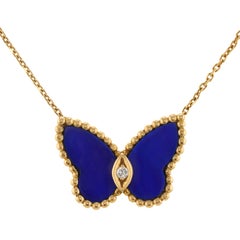Retro VAN CLEEF & ARPELS Butterfly Diamond Lapis Lazuli Yellow Gold Pendant Necklace