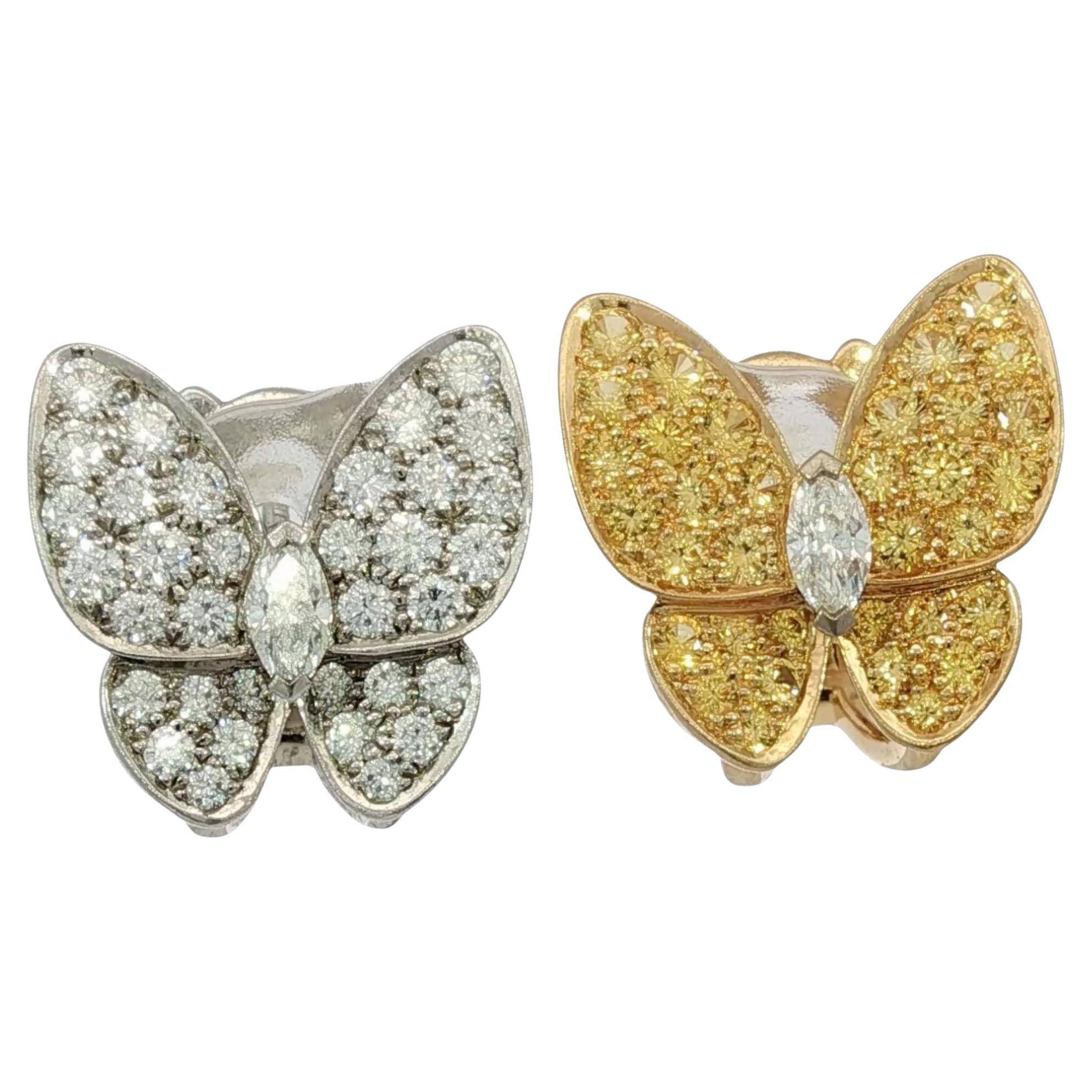 Van Cleef 
Arpels Two Butterfly Diamond Sapphire Earrings 18K White Gold For Sale