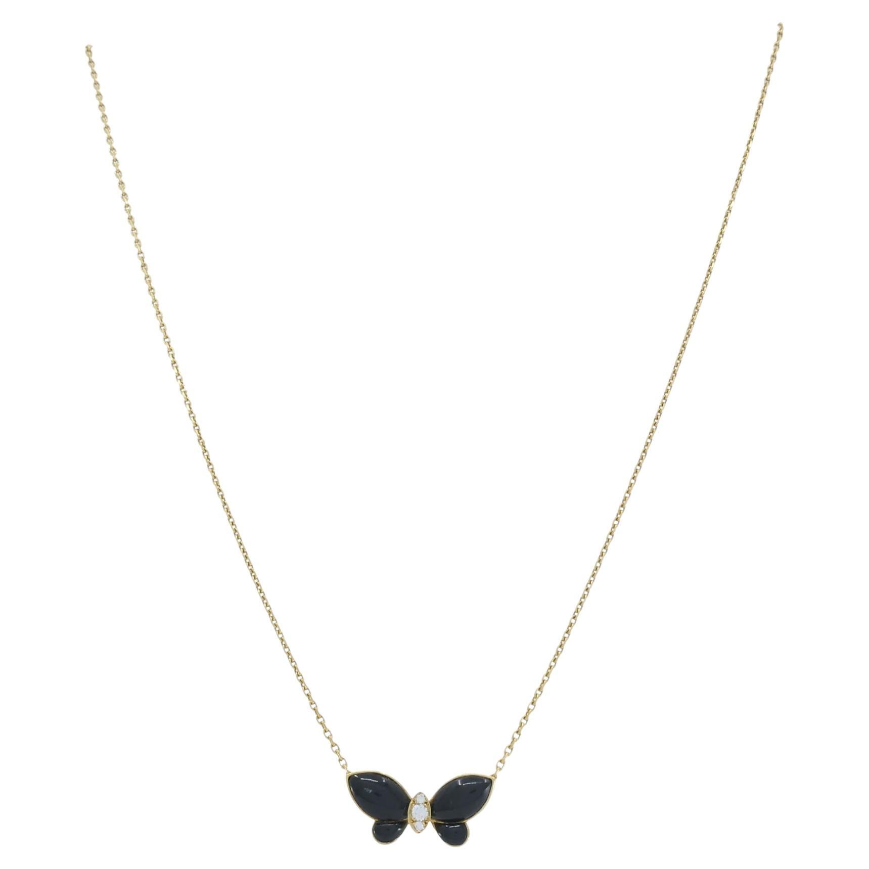 Van Cleef 
Arpels Butterfly Onyx Diamond 18k Gold Necklace For Sale