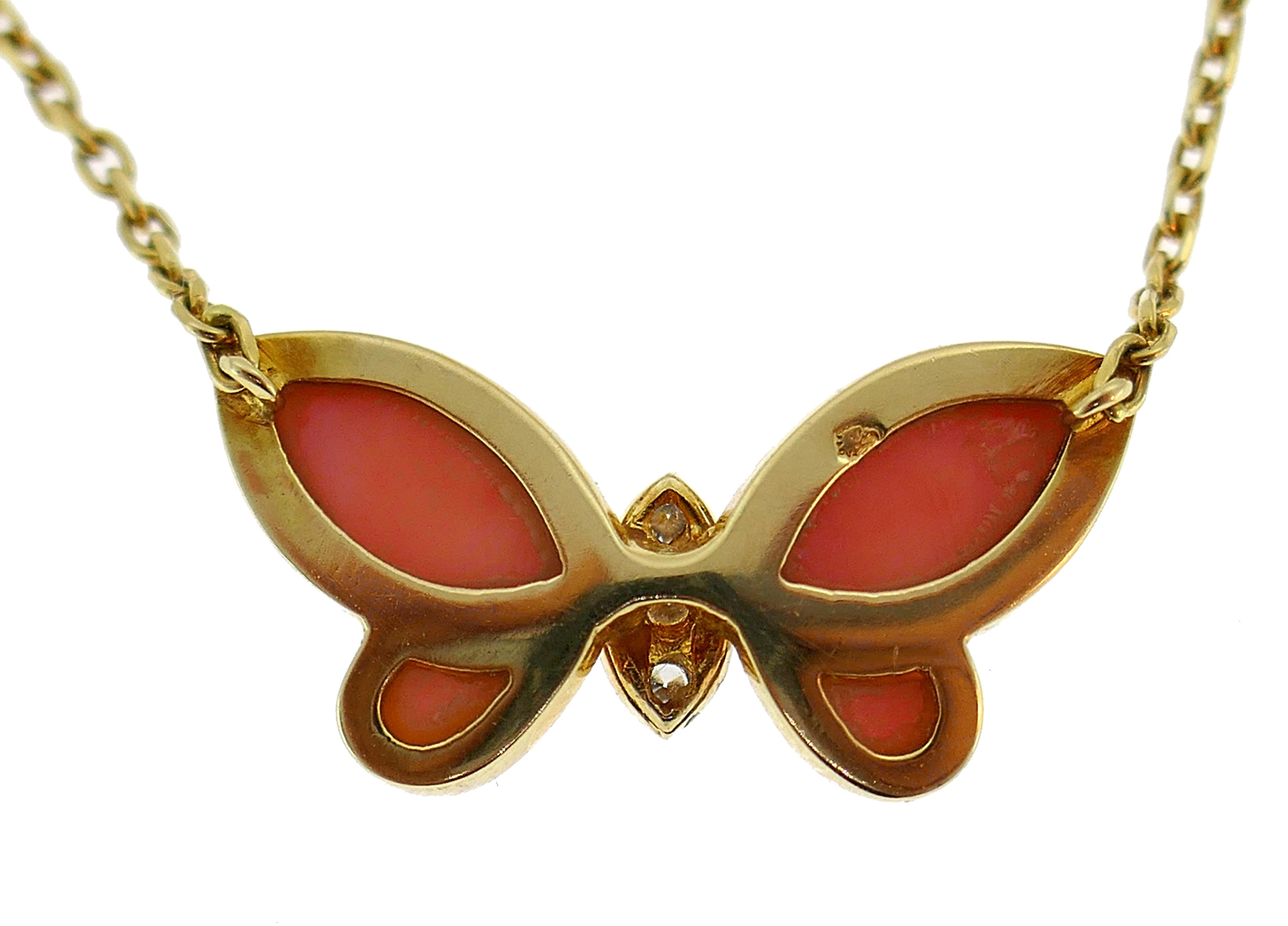 Van Cleef & Arpels Butterfly Pendant Necklace in Yellow Gold Diamond Coral 2