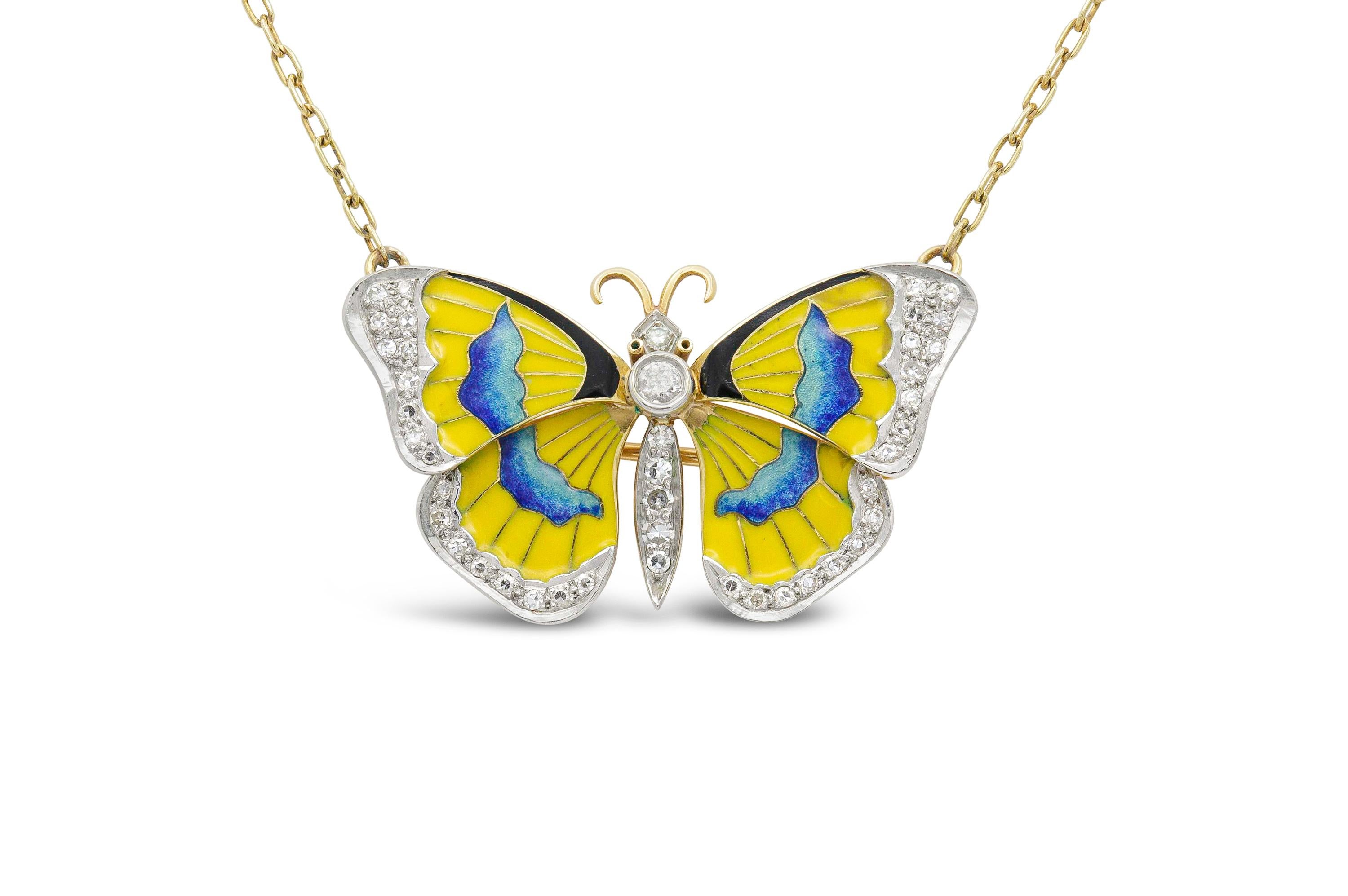 Finely crafted in 18K yellow gold with blue and yellow enamel and diamonds on the butterfly pin/pendant. 
Wearable as a pin or on 15-inch long VCA chain.
Signed and numbered by Van Cleef & Arpels.