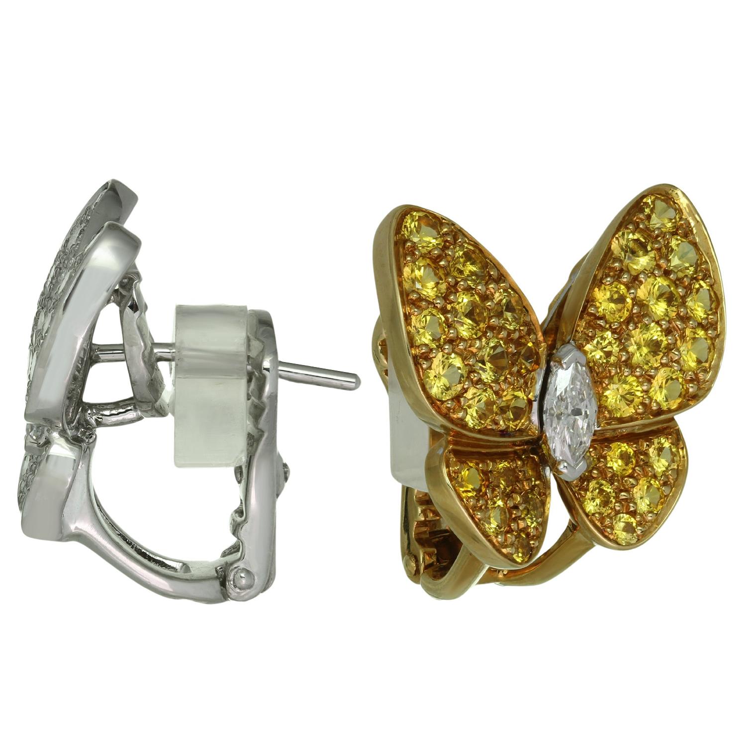 Brilliant Cut VAN CLEEF & ARPELS Butterfly Yellow Sapphire Diamond Gold Earrings